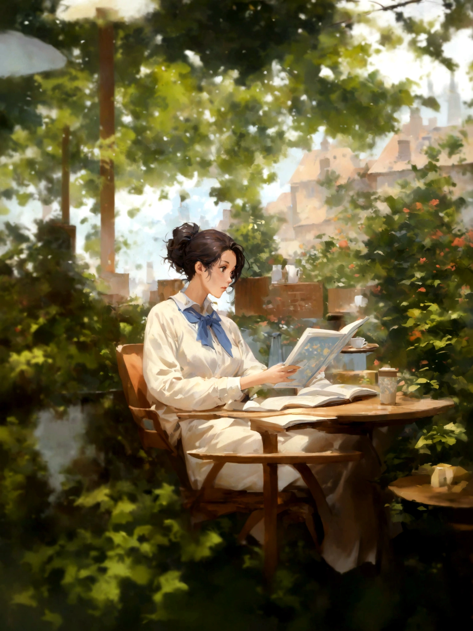 anime girl sitting in a chair reading a book in a garden, artwork in the style of guweiz, sitting in a cafe alone, mysterious coffee shop girl, sitting alone in a cafe, sitting in a cafe, cozy cafe background, painted in anime painter studio, relaxing concept art, makoto shinkai art style, by Yang J, makoto shinkai style