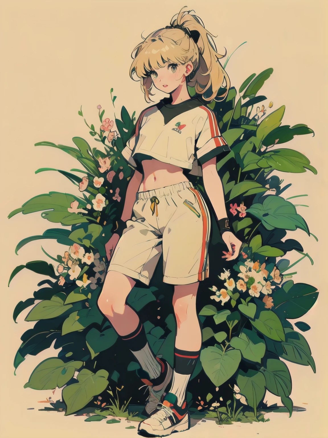 William Morris style background, Among the flowers, birds and many plants1People Girls, Botanical World, blonde, ponytail, Blunt bangs, Yellow Eyes, Yellow eyelashes, Beautiful Girls in Anime, Clean small surfaces, ((Emphasis on lips)), 1 cute girl, Adult Gal、highest quality、ウルトラ - High resolution、High resolution、Detailed CG、8k unit wallpaper、23 years old、Beautiful and beautiful eyes, (((Crop top、hot pants、loose socks、Tech Sneakers))))、 ((Portraiture))