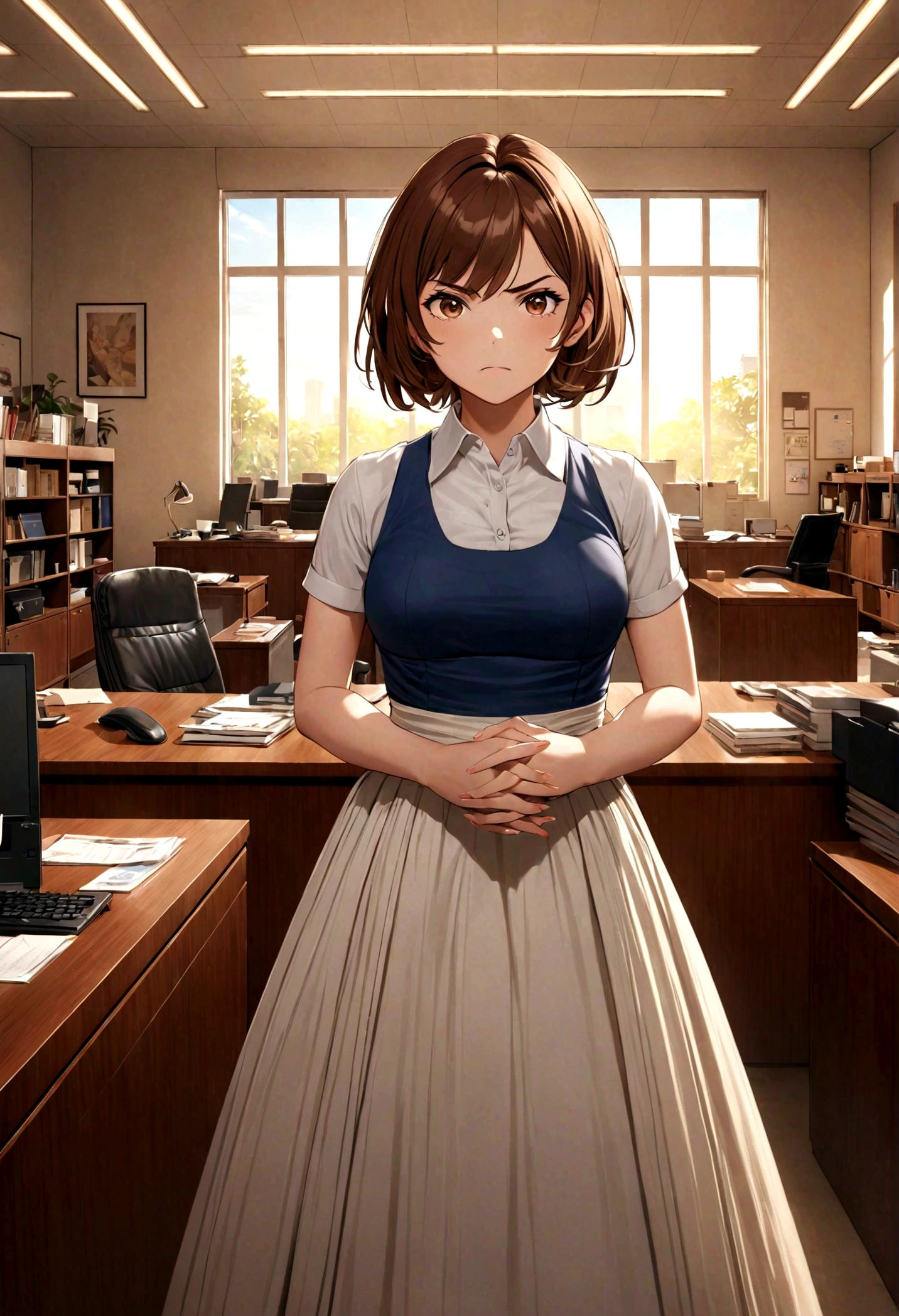 masterpiece, Excellent, (office: 1.8), Ultra-high-detail CG graphics, permanent,angry, A woman with short brown hair, Layered Dress, Cross your hands at your waist, For the audience, illustration, Wide-angle panorama