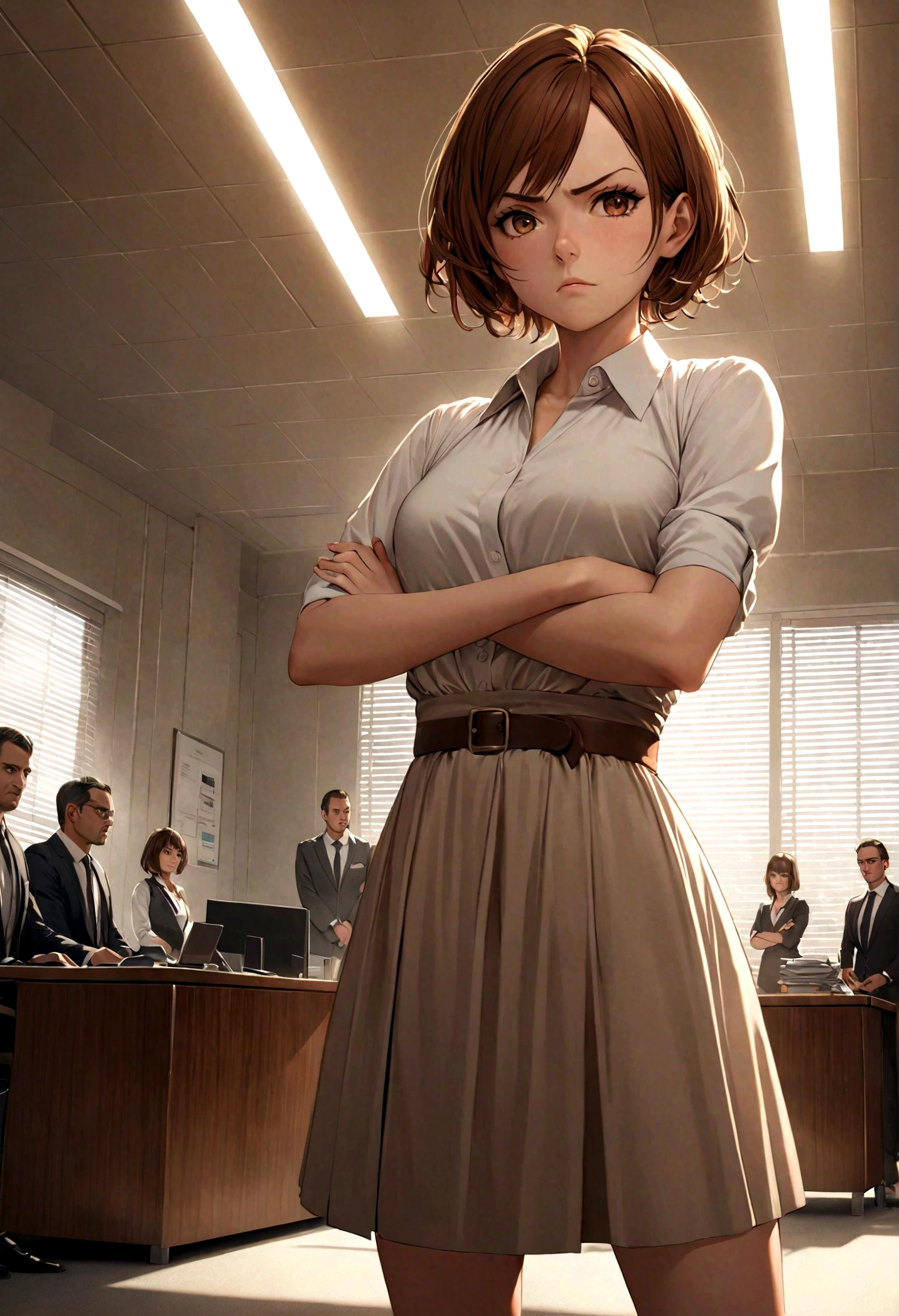 masterpiece, Excellent, (office: 1.8), Ultra-high-detail CG graphics, permanent,angry, A woman with short brown hair, Layered Dress, Cross your hands at your waist, For the audience, illustration, Wide-angle panorama
