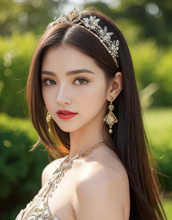 very beautiful girl;
Age: from 18-20 years old;
skin: ivory white, flawless pink, smooth texture, detailed;
hair: long, golden red, smooth, flowing in the sunlight, detailed;
eyes: blue, seductive, sharp, realistic makeup, glitter, wet, super detailed;
eyelids: delicate, perfectly beautiful, detailed;
Eyebrows: arched, sparse, sharp, detailed;
face: beautiful like a fairy, saintly, light makeup, perfectly balanced, beautiful in every detail, extremely sharp focus;
nose: pretty, lovely, high, detailed;
Cheekbones: prominent, detailed;
lips: seductive, (hot red lipstick), lovely lip gloss, detailed;
teeth: radiant smile, pure white, detailed;
body: full of vitality, tight clothes, perfect;
accessories: necklaces, earrings, bracelets;
Photo quality: masterpiece, ((lifelike:1.3)), highest quality, non-NSFW, 8K CG HD, sharp, super beautiful graphics, professional, detailed, vibrant colors, super smooth, advanced techniques, true RAW, ((high resolution:1.3));
lighting: complex color scheme, golden-black rays;
sunlight: sparkling, illuminating the girl's body;
((The girl has a beauty that surpasses the ordinary, wrapped in a mysterious atmosphere that attracts you. With delicate features and a mysterious smile, she exudes charm that comes from otherworldly that intrigues and captivates you. Against the surreal backdrop of her world, she stands out like a gem amid the ethereal landscape. Her eyes, abyss filled with secrets and wisdom, reflecting the mystery of her existence. Every glance contains an untold story, a universe waiting to be discovered. Her outfit is a tapestry rich in color and texture, blending perfectly with the surreal surroundings. Floating fabrics decorated with intricate patterns dance around her, echoing the rhythm of her mysterious presence. Women are attracted to her not only for her external beauty but also for the charm of the unknown that surrounds her. inspire others to embrace their own uniqueness and grasp the mysteries that lie within.))