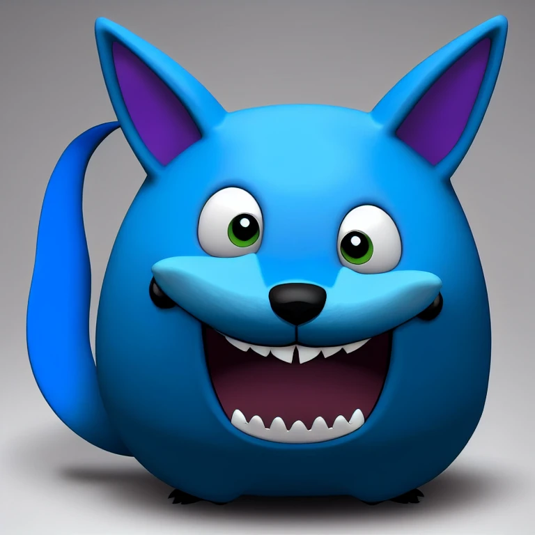 This image depicts a stylized、Blue creature in cartoon style，It has features like a fox。it has a big fluffy tail，With a cheerful smile on his face。The creature&#39;s fur is primarily a vivid blue，With light blue and white accents，Give it a soft and friendly look。It has big brown eyes and a small black nose。This character is presented in a playful manner，Looks like he&#39;s running or playing。The background is a simple orange sky，There seems to be a piece of ground，There are some white daisies growing there，This makes the image settings more cheerful。