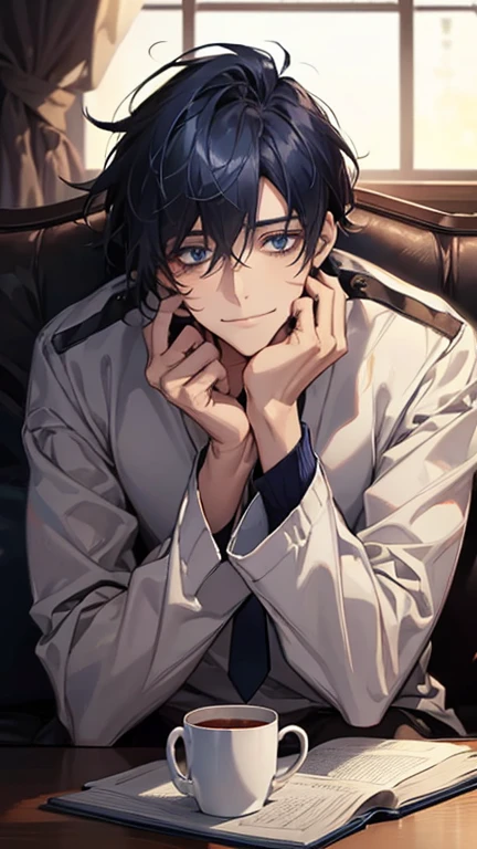 (highest quality,High resolution,masterpiece:1.2),Abstract,Masculine,Navy Blue Hair,Loose low ponytail,White sweater,Tie your hair at the nape,Dark blue eyes,coat,,Dark blue gaze,Calm,quiet,A kind smile,Sitting on the couch,Mug