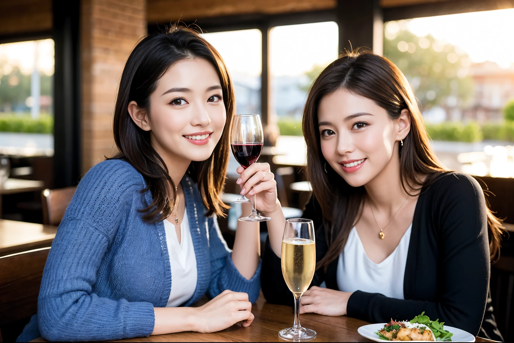 ((highest quality、8k、masterpiece:1.3))、1 male、1 female、Spouse、Beautiful couple、smile、 (Slim face), (the body is スリム), (Brown Hair), (Shortcuts), テーブルの上のwine glass、Please shine a light on my face、 Amazing view of the sunset sky and clouds、smileの美しさ、Shortcuts,Bright Face、 (Age 35), 39 years old, red wine 、Appetizers、Italian food、Wine bottle、Champagne、sparkling wine、Long sleeve shirt、dress、Attractive beauty、restaurant, Nova Frog Style, actress, model, Upper Body, White wine, red wine, wine glass,