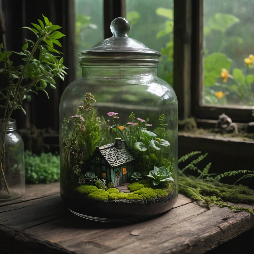 (best quality,4k,8k,highres,masterpiece:1.2),ultra-detailed,(realistic,photorealistic,photo-realistic:1.37), raw photo of a stained glass jar with a miniature garden inside in a worn-out greenhouse on rotten wooden table, evocative atmosphere, witchcore aesthetic, cottagecore, shabby chic, delicate, romantic, magical aura, green witch vibe, forest witch, eerie, gothic, angled perspective, side-top view, centered composition, ambient light, caustics, low contrast, bright colors, greenery, herbs, flowers, moss
, accurate, f/4.0, 35mm, UHD