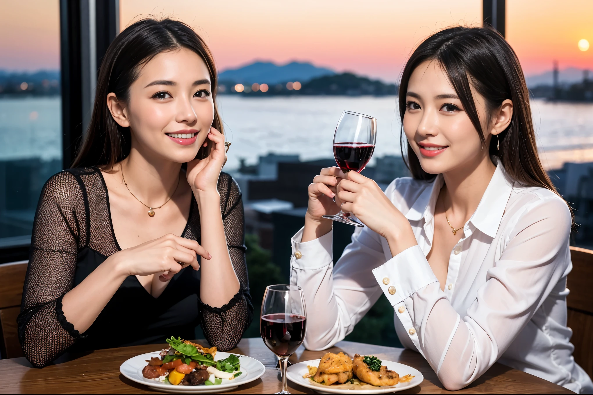 ((highest quality、8k、masterpiece:1.3))、1 male、1 female、Spouse、Beautiful couple、smile、 (Slim face), (the body is スリム), (Brown Hair), (Shortcuts), テーブルの上のwine glass、Please shine a light on my face、 Amazing view of the sunset sky and clouds、smileの美しさ、Shortcuts,Bright Face、 (Age 35), 39 years old, red wine 、Appetizers、Italian food、Wine bottle、Champagne、sparkling wine、Long sleeve shirt、dress、Attractive beauty、restaurant, Nova Frog Style, actress, model, Upper Body, White wine, red wine, wine glass,