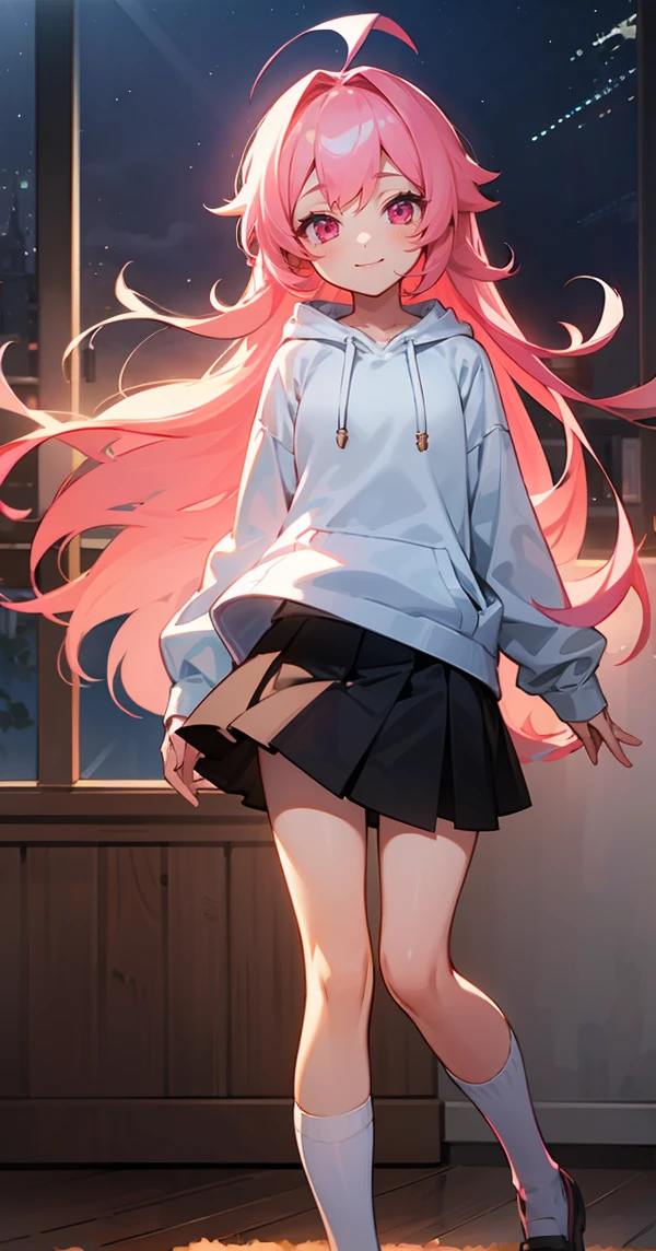 1 girl, Game CG,White hoodie, Black Skirt, Pink Hair, Long Hair, Straight hair, Princess hairstyle, Ahoge, Pink Eyes, indoor,White long knee socks,smile,Night view,