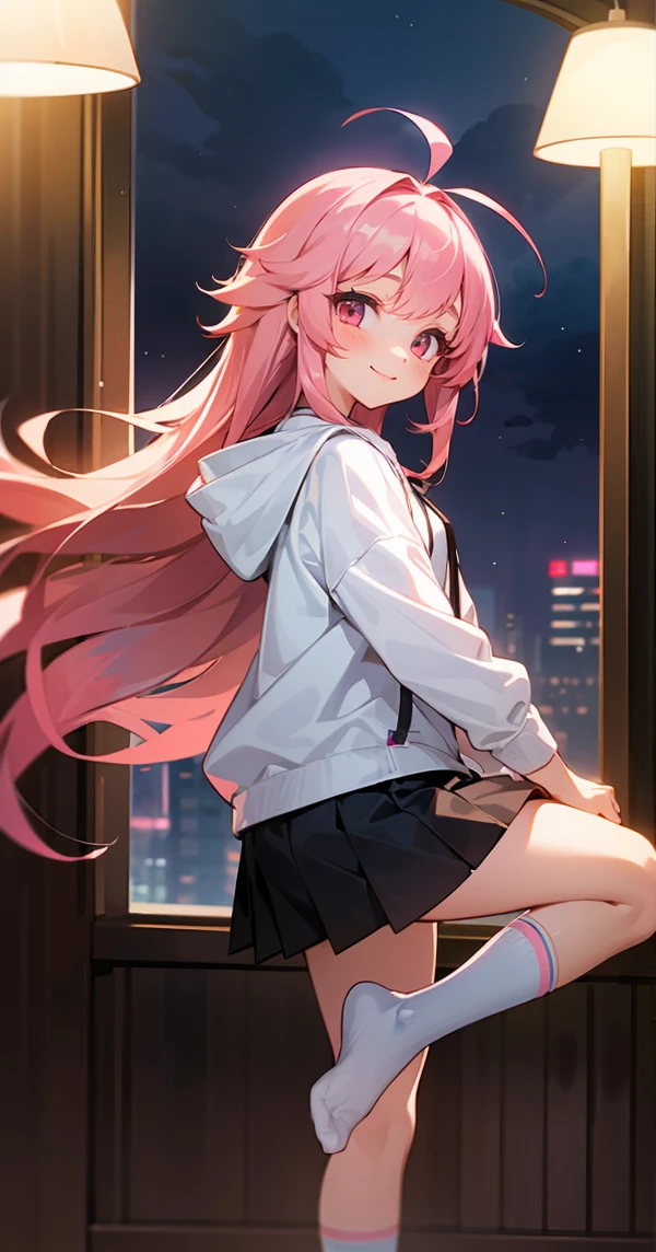 1 girl, Game CG,White hoodie, Black Skirt, Pink Hair, Long Hair, Straight hair, Princess hairstyle, Ahoge, Pink Eyes, indoor,White long knee socks,smile,Night view,