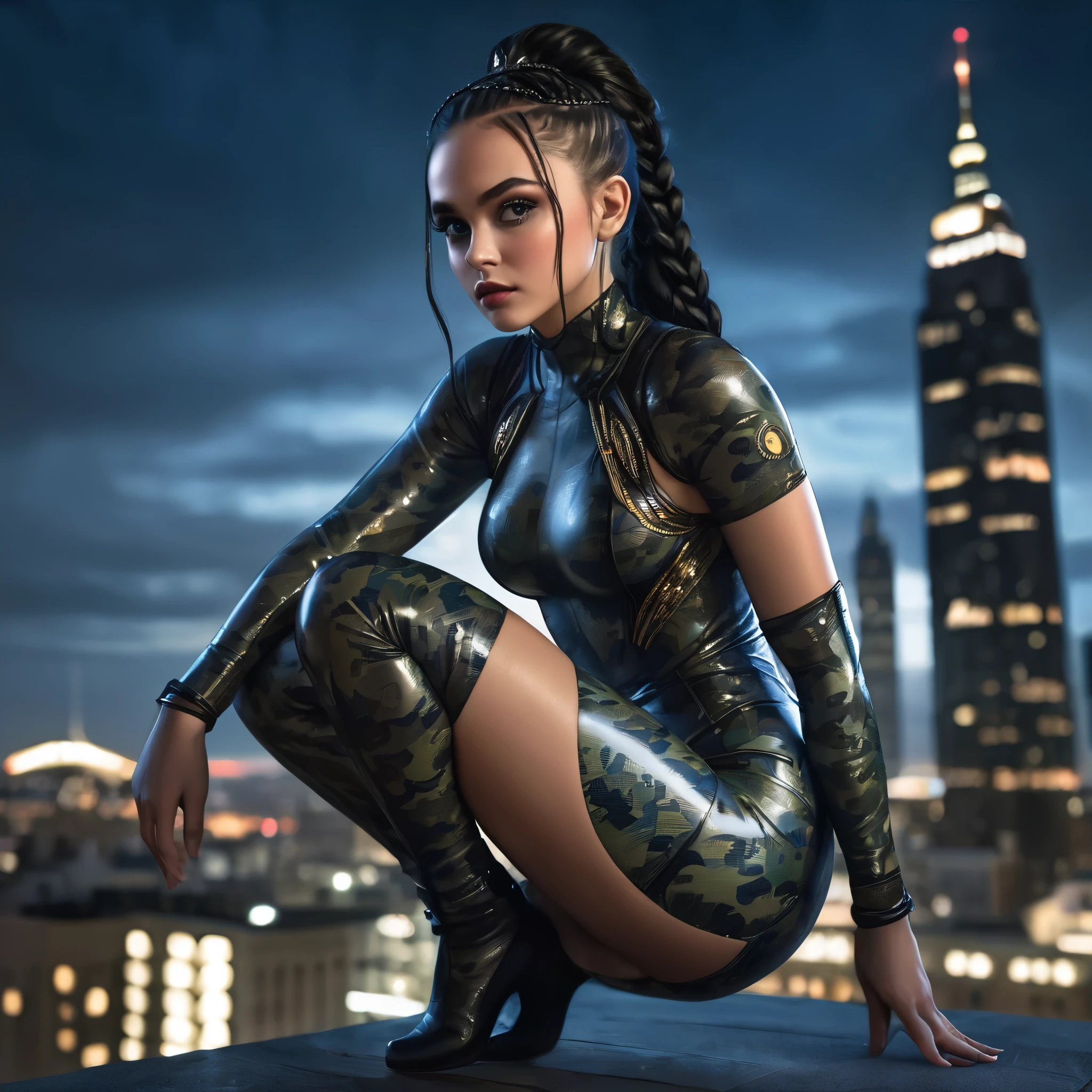 Full body portrait, young beautiful woman wearing a (night camo pattern:1.4) latex bodysuit (high leg cut:1.4), highly detailed eyes and face, beautiful detailed eyes, beautiful detailed lips, beautiful woman, long black hair, braided ponytail, wearing three peacock feathers as hair ornament:1.4, night, rooftop of a big city building, realistic, photorealistic, natural light, glowing skin, hands on knees, (squatting with legs wide apart:1.3), cold lighting, dark and gloomy atmosphere, cinematic lighting, dramatic, high quality, photorealistic, 8k, masterpiece