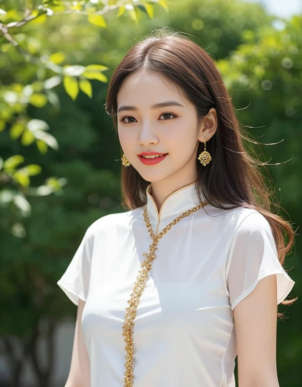 very beautiful girl;
Age: from 18-20 years old;
skin: milk white, rosy and flawless, smooth texture, detail;
hair: long, yellow red, smooth, bồng bềnh dưới sunlight, detail;
eye: blue, charming, trang điểm high solution, true, long lanh, damp, siêu detail;
mí eye: delicate, đẹp perfect, detail;
eyebrow: cong, dear, high solution, detail;
face: beautiful like a fairy, holiness, light makeup, cân đối perfect, đẹp đến từng detail, tiêu điểm cực kỳ high solution;
nose: xinh, lovely, cao, detail;
cheekbone: prominent, detail;
lip: charming, (bright red lipstick), son bóng lovely, detail;
răng: Beaming smile, Lily-white, detail;
body: full of life, Tighten clothes, perfect;
accessory: chain, earring, bracelet;
Image quality: masterpiece, ((Lifelike:1.3)), Highest quality, non-NSFW, 8K CG HD, high solution, Super nice graphics, professional, detail, colourful, ultrafine, advanced techniques, RAW true, ((High resolution:1.3));
light: complex color combinations, black gold rays;
sunlight: twinkle, illuminate the girl's body;
((Girl wearing a three-hole shirt, quần jean ngắn, hở ngực))