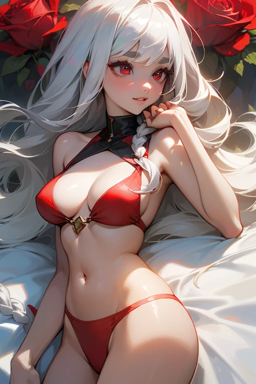 (highest quality, masterpiece:1.2), High resolution, 最高masterpiece、Very detailed, Realistic:1.37, Fantasy, An illustration,Gray Hair、 Red eyes、Queen, White and red swimsuit、beautifully、Eyeshadow Red、Thick eyebrows、Long eyelashes、pupils are black、shiny on the lips、Top Sites、Queen、Princess、A kind smile、Show your teeth a little and smile、Soft impression、people々々々々々々々々Loved by、Slimming the face、Kissing Face、Long white hair、Shaggy Bangs、Save face image、Long straight line、Many roses in the background、White and red bikini、Above the navel、Hair braids、