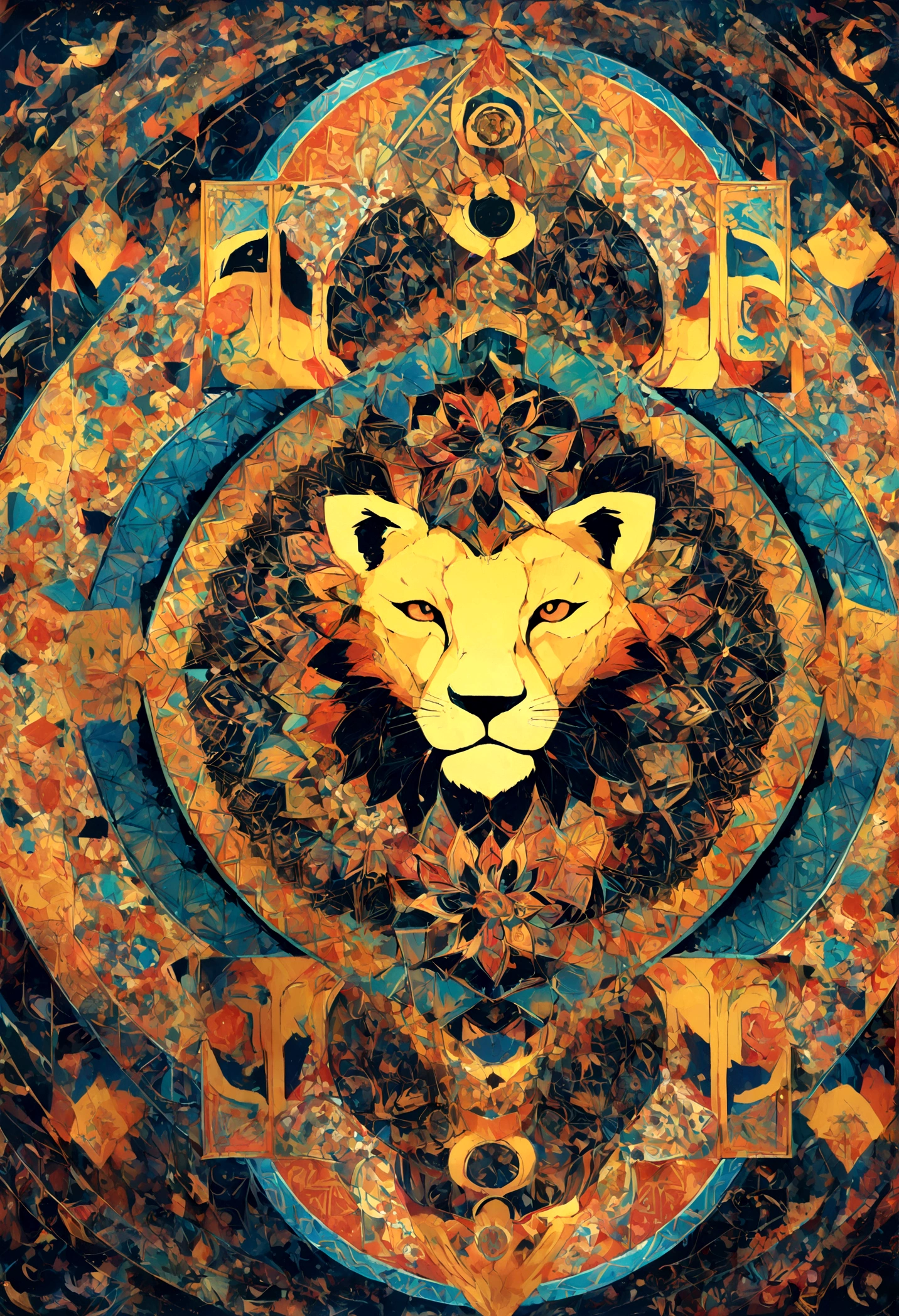 (Vibrant colors,Lion:1.1,Lion MANDALA),(Detailed Mandala Design),(Symmetric),(Complex Pattern),(geometric shapes),(Bold),(Bright colors),(Religious symbols),(Spiritual Themes)