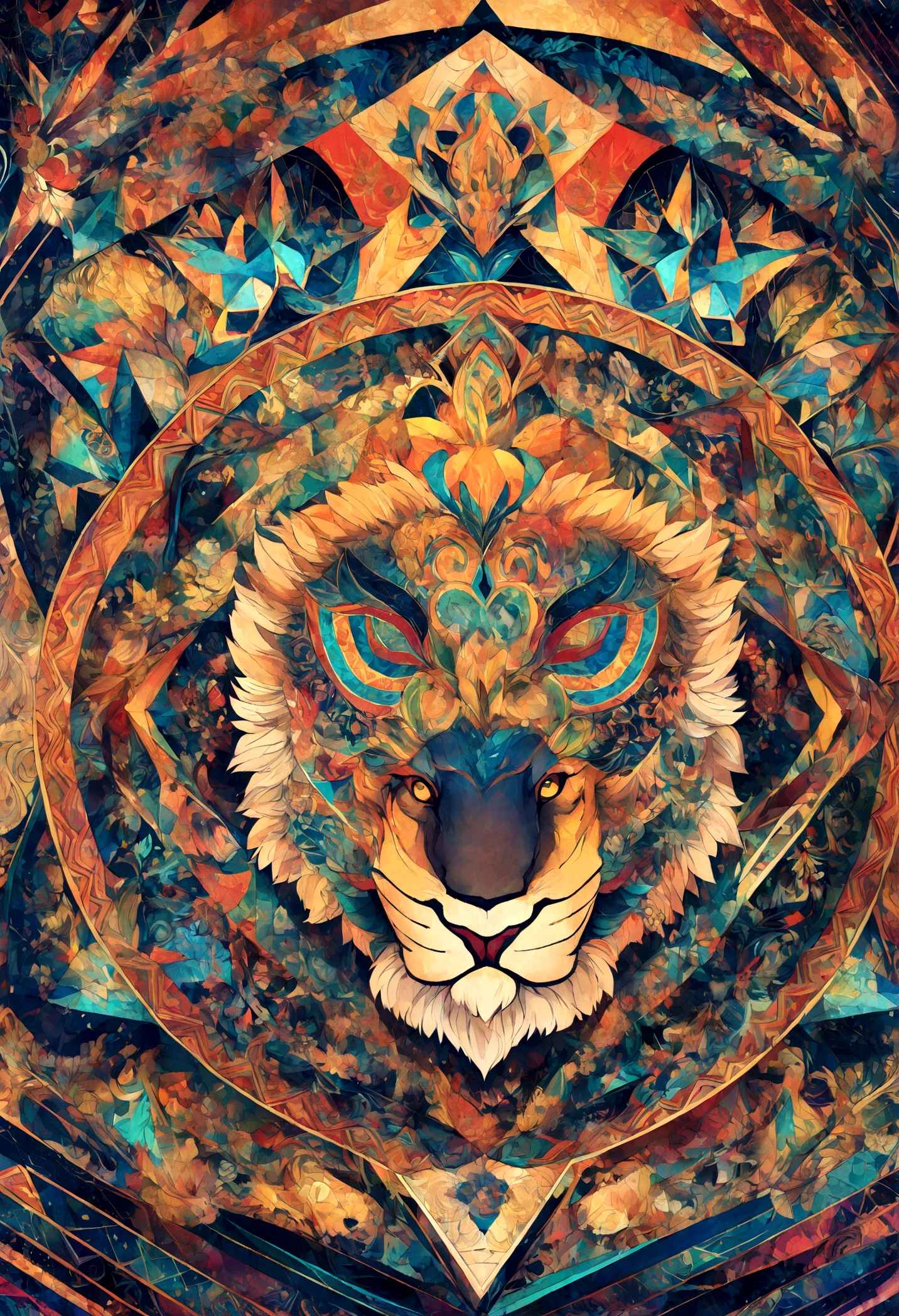 (Vibrant colors,Lion:1.1,Lion MANDALA),(Detailed Mandala Design),(Symmetric),(Complex Pattern),(geometric shapes),(Bold),(Bright colors),(Religious symbols),(Spiritual Themes)
