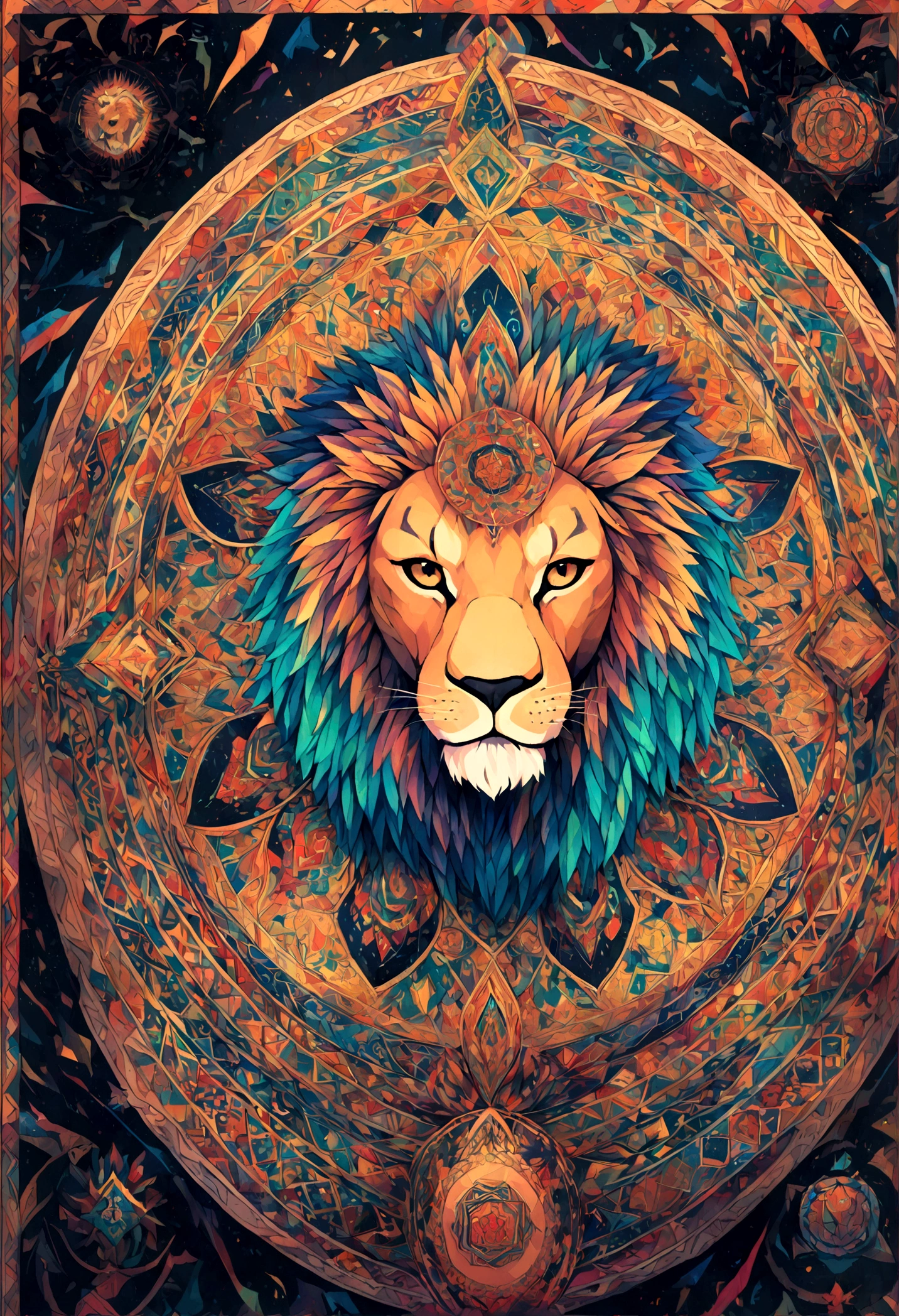 (Vibrant colors,Lion:1.1,Lion MANDALA),(Detailed Mandala Design),(Symmetric),(Complex Pattern),(geometric shapes),(Bold),(Bright colors),(Religious symbols),(Spiritual Themes)