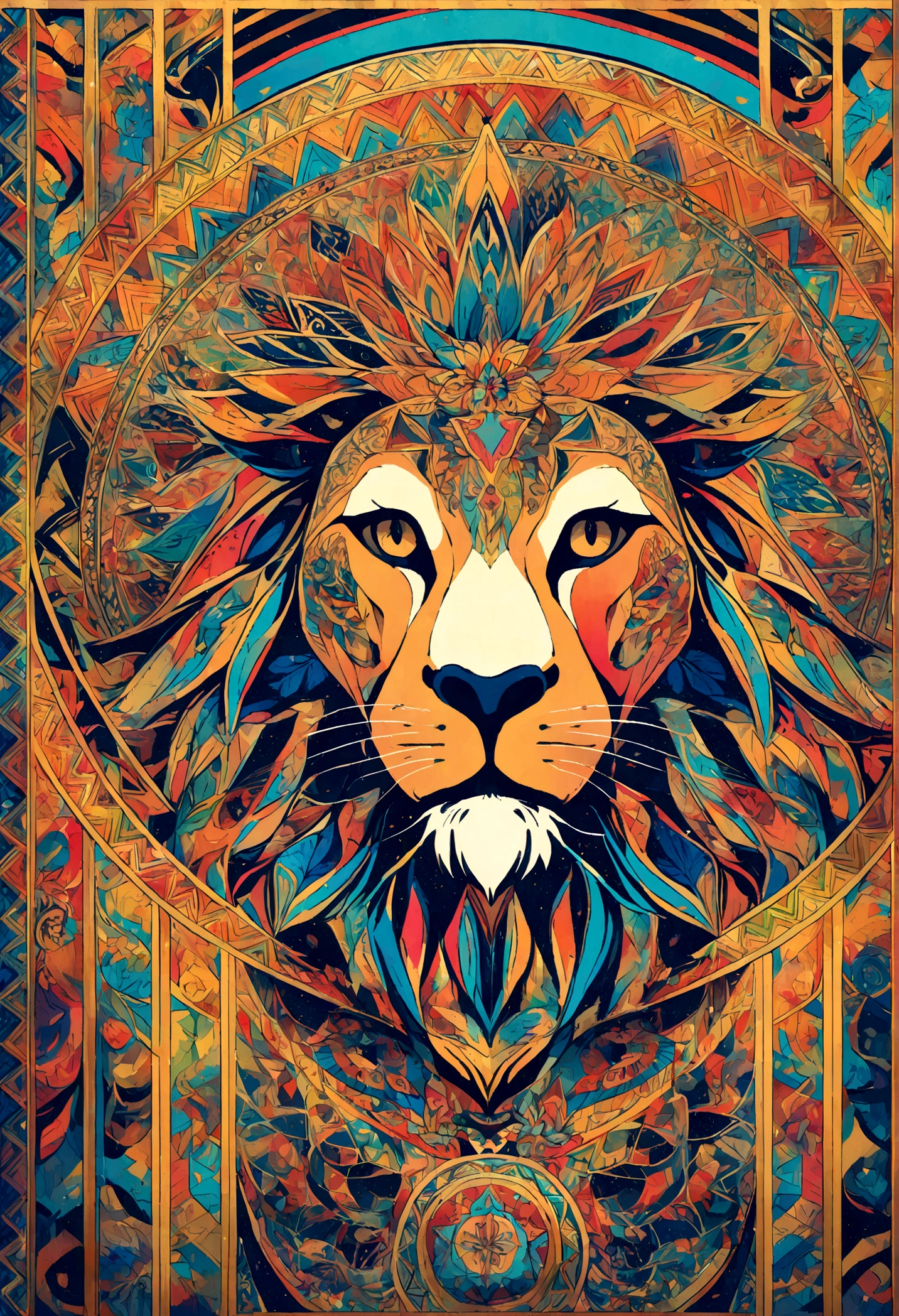 (Vibrant colors,Lion:1.1,Lion MANDALA),(Detailed Mandala Design),(Symmetric),(Complex Pattern),(geometric shapes),(Bold),(Bright colors),(Religious symbols),(Spiritual Themes)