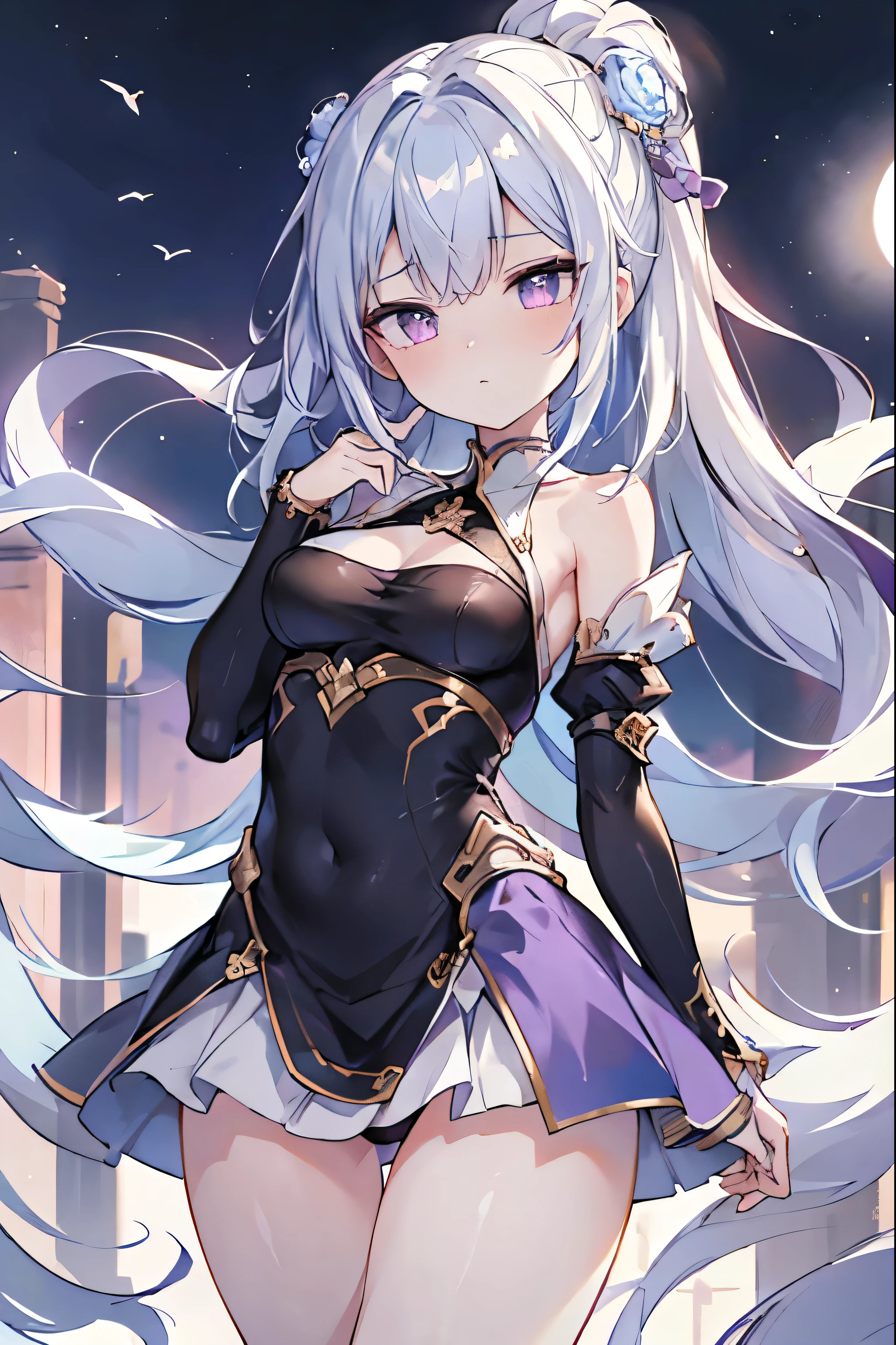 1girl, anime, cute girl, blank background, white background, fantasy, detailed fantasy dress with highlights, beautiful face, beautiful eyes, dark colors, black hair with multicolor streaks, red eye with different color pupil in eye, multicolor eye, medium breasts, slight cleavage, beautiful skin, cute, breast curtains, extremely delicate and beautiful, (beautiful detailed face:1.0), (detailed deep eyes), symmetrical breasts, deep eyes, shiny skin, portrait, slender waist, hips wider than shoulders, thighs, expressionless, young girl, luminous eyes, adorable,(Kpop idol),(aegyo sal:1),(Platinum blonde hair:1),((puffy eye)),Black panty,sexy posture,Superskirt, Ultra-high resolution,Black collar,slim figure, Abdominal y tattoo, womb tattoo,Tight-fitting leg ring,y tattoo on half-body,Bare skin, Armored hand,Hidden fingertips,Hand covered,Arm covered,Fist covered,{{beautiful detailed fingers}}, tufts of hair, moderate beautiful breast:1.0,(masterpiece:1.2), best quality, high-res, HDR, perfect face, intricate armor, delicate blue filigree, intricate filigree, red metalic parts, detailed part, dynamic pose, dynamic lights, cute face, neutral expression, shuimobysim, lotus, hanfu, maxi skirt, dress conservatively 1girl, solo, long blue hair, standing, One lady,14years,((White hair) ,(Shiny purple bodysuit with microskirt),((Fantasy, Moon Night)), gradient_eyes,