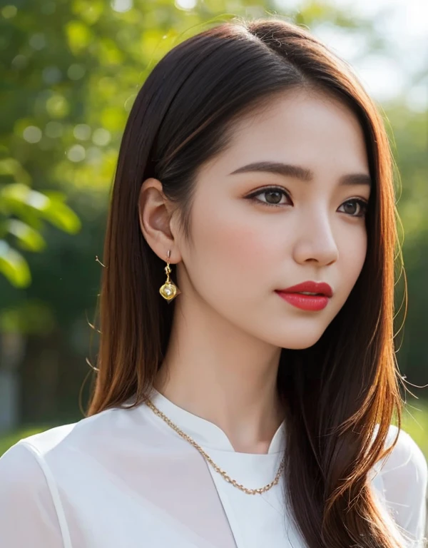 very beautiful girl;
Age: from 18-20 years old;
skin: milk white, rosy and flawless, smooth texture, detail;
hair: long, yellow red, smooth, bồng bềnh dưới sunlight, detail;
eye: blue, charming, trang điểm high solution, true, long lanh, damp, siêu detail;
mí eye: delicate, đẹp perfect, detail;
eyebrow: cong, dear, high solution, detail;
face: beautiful like a fairy, holiness, light makeup, cân đối perfect, đẹp đến từng detail, tiêu điểm cực kỳ high solution;
nose: xinh, lovely, cao, detail;
cheekbone: prominent, detail;
lip: charming, (bright red lipstick), son bóng lovely, detail;
răng: Beaming smile, Lily-white, detail;
body: full of life, Tighten clothes, perfect;
accessory: chain, earring, bracelet;
Image quality: masterpiece, ((Lifelike:1.3)), Highest quality, non-NSFW, 8K CG HD, high solution, Super nice graphics, professional, detail, colourful, ultrafine, advanced techniques, RAW true, ((High resolution:1.3));
light: complex color combinations, black gold rays;
sunlight: twinkle, illuminate the girl's body;
((Girl wearing a three-hole shirt, quần jean ngắn, hở ngực))