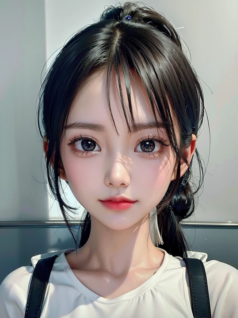 One Girl，Very cute girl at 15 years old，Big eyes，The face is facing straight ahead，Body facing forward，Beautiful nose，Fuller lips，Short black hair，ponytail，Detailed eyelashes，Thin eyebrows，Symmetrical eyes，Face close-up，White swimsuit，Portrait，View Viewer