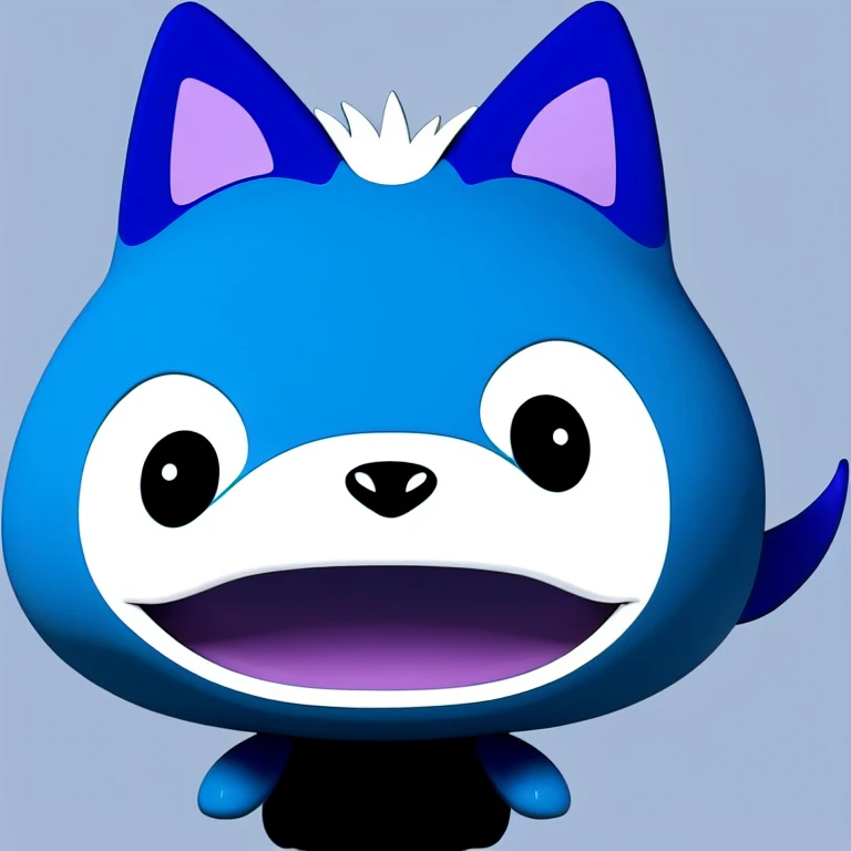 This image depicts a stylized、Blue creature in cartoon style，It has features like a fox。it has a big fluffy tail，With a cheerful smile on his face。The creature&#39;s fur is primarily a vivid blue，With light blue and white accents，Give it a soft and friendly look。It has big brown eyes and a small black nose。This character is presented in a playful manner，Looks like he&#39;s running or playing。The background is a simple orange sky，There seems to be a piece of ground，There are some white daisies growing there，This makes the image settings more cheerful。