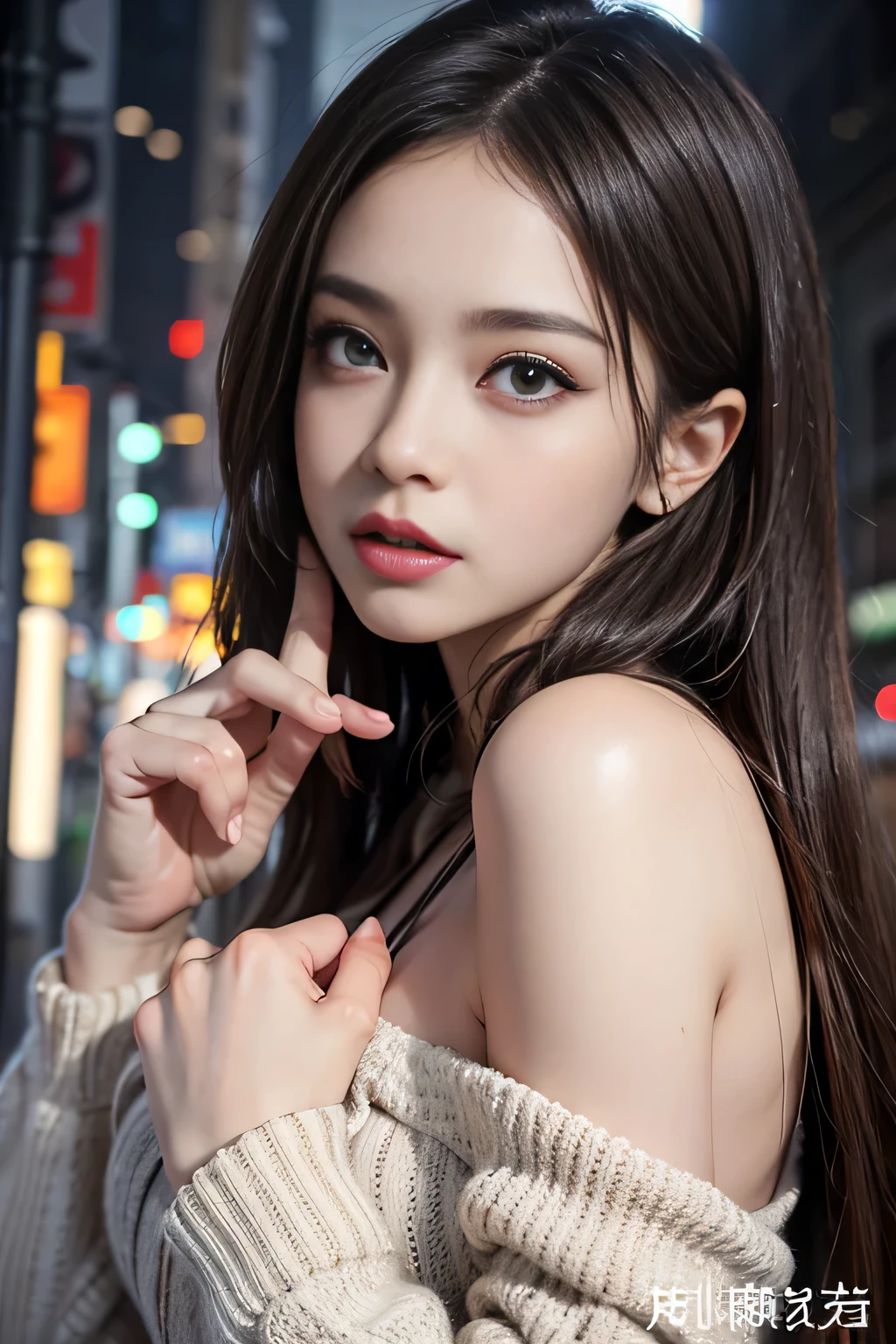 (masterpiece:1.3), (8k, Realistic, RAW Photos, highest quality: 1.4), (1 female), Beautiful face, Beautiful big br face), Beautiful grey hairstyles, Realistic eyes, Beautiful and beautiful eyes, (Realistic skin), Beautiful Skin, break、(ribbed fabric Sweater dress、Big Size), Confused, charm, charm、Ultra-high resolution, Surreal, Very detailed, Beautiful feet、Charming thighs、Back streets at night、Busy Street、Shadow、Shyly、Shiny sexy lips and liposs💄、Glossy fluorescent pink lipstick、(Sweat, vapor)、((narrow, drooping eyes、Cold Stare、Don't look here))