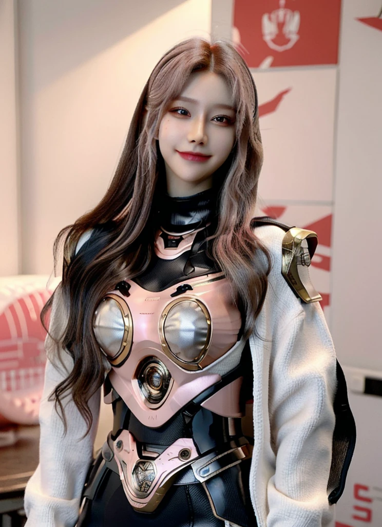 Armoured girl, realistic, long hair, pink robotics, smile