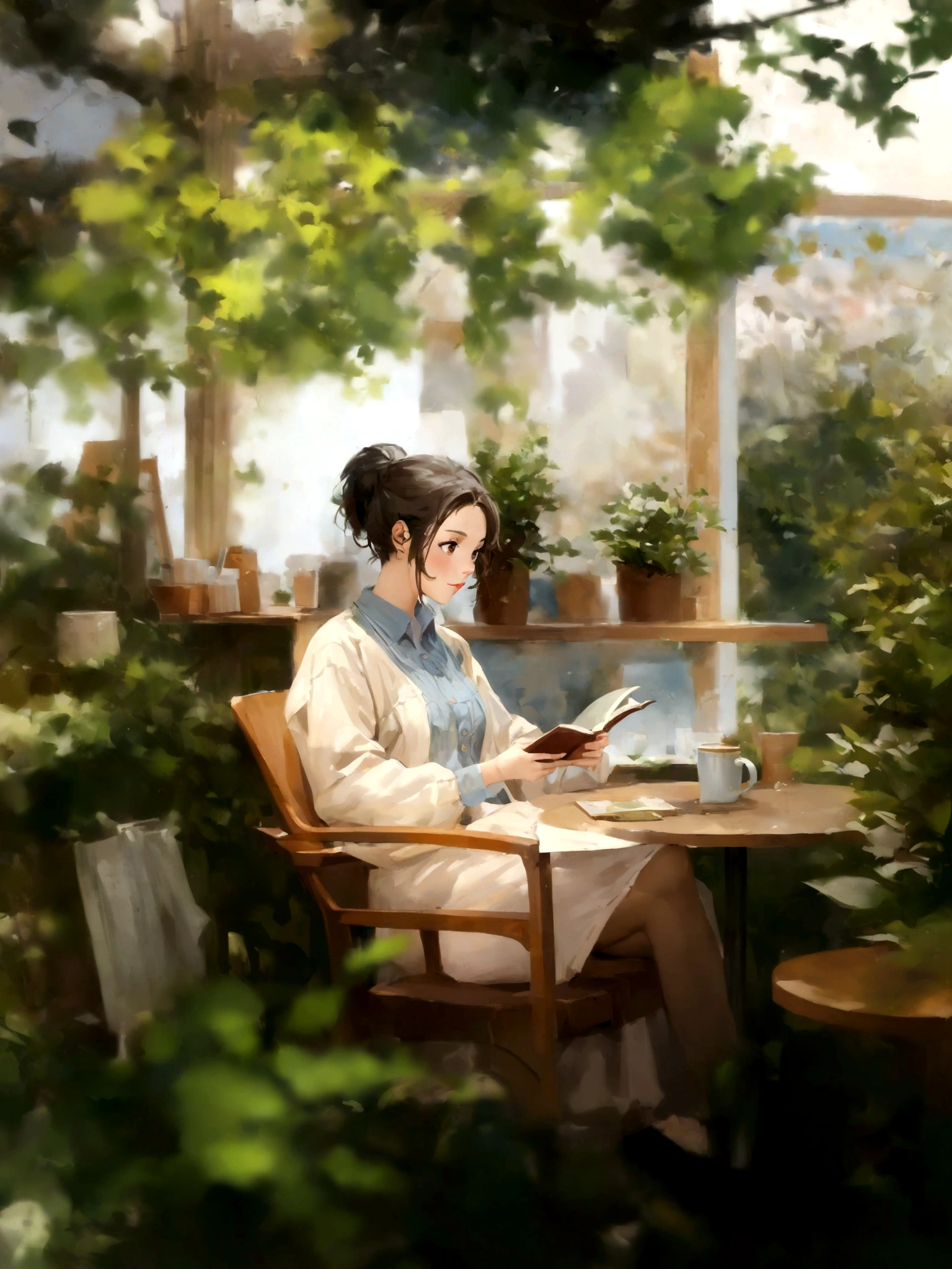 anime girl sitting in a chair reading a book in a garden, artwork in the style of guweiz, sitting in a cafe alone, mysterious coffee shop girl, sitting alone in a cafe, sitting in a cafe, cozy cafe background, painted in anime painter studio, relaxing concept art, makoto shinkai art style, by Yang J, makoto shinkai style