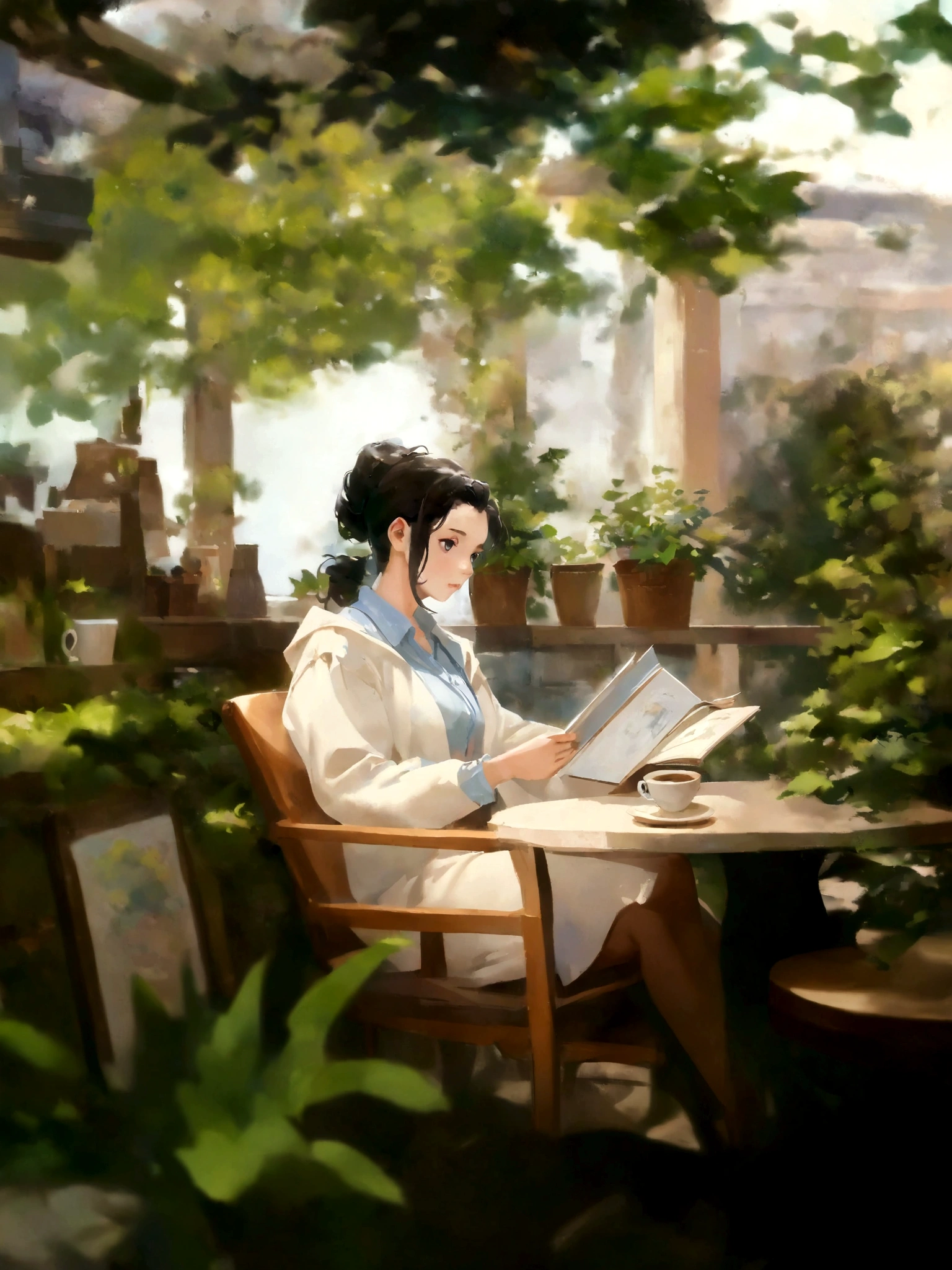 anime girl sitting in a chair reading a book in a garden, artwork in the style of guweiz, sitting in a cafe alone, mysterious coffee shop girl, sitting alone in a cafe, sitting in a cafe, cozy cafe background, painted in anime painter studio, relaxing concept art, makoto shinkai art style, by Yang J, makoto shinkai style