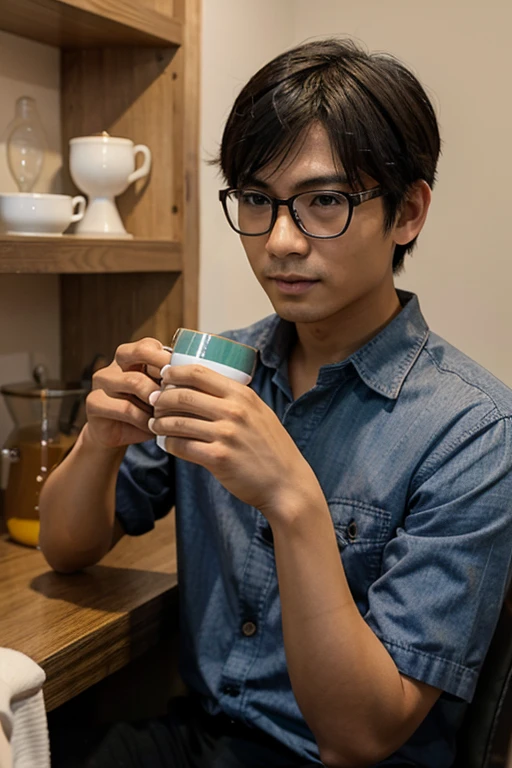 Asian boy with glasses, drinking tea