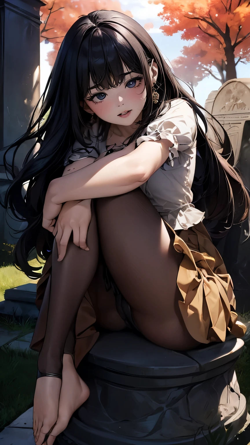 drooping eyes, ecstasy, (((round face))), (((straddling to hit her crotch against a standing stone monument, eccentric pose))), (((hide crotch with a long skirt))), (bending legs to open legs), orgasm, outside,