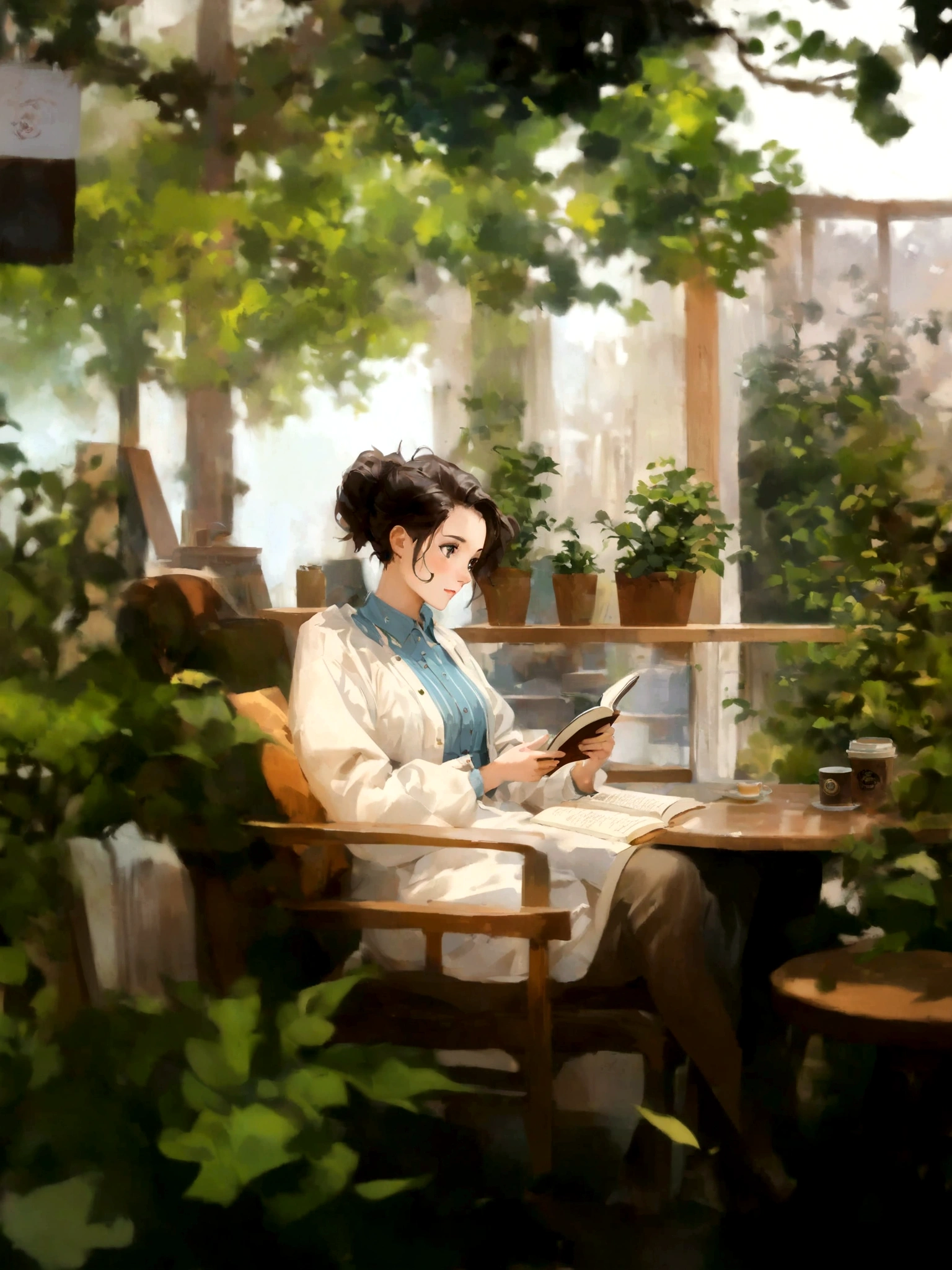 anime girl sitting in a chair reading a book in a garden, artwork in the style of guweiz, sitting in a cafe alone, mysterious coffee shop girl, sitting alone in a cafe, sitting in a cafe, cozy cafe background, painted in anime painter studio, relaxing concept art, makoto shinkai art style, by Yang J, makoto shinkai style