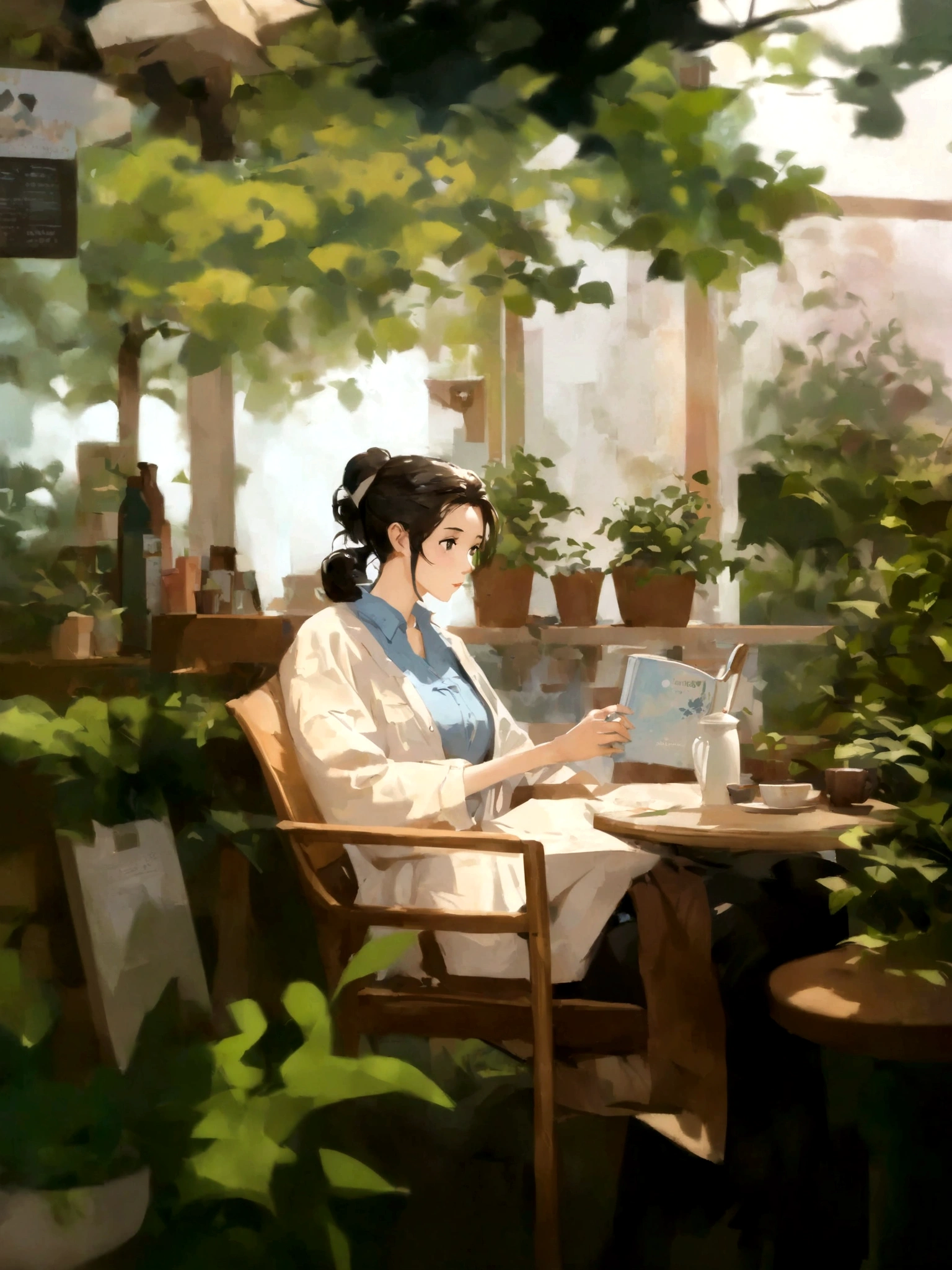 anime girl sitting in a chair reading a book in a garden, artwork in the style of guweiz, sitting in a cafe alone, mysterious coffee shop girl, sitting alone in a cafe, sitting in a cafe, cozy cafe background, painted in anime painter studio, relaxing concept art, makoto shinkai art style, by Yang J, makoto shinkai style