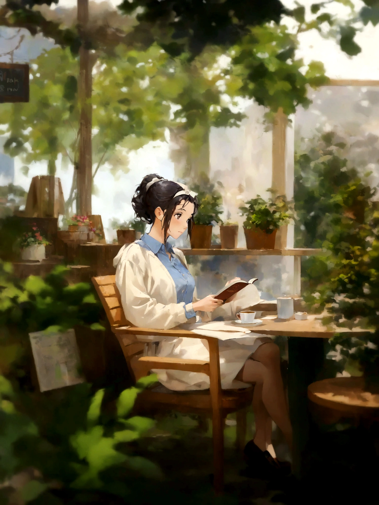 anime girl sitting in a chair reading a book in a garden, artwork in the style of guweiz, sitting in a cafe alone, mysterious coffee shop girl, sitting alone in a cafe, sitting in a cafe, cozy cafe background, painted in anime painter studio, relaxing concept art, makoto shinkai art style, by Yang J, makoto shinkai style