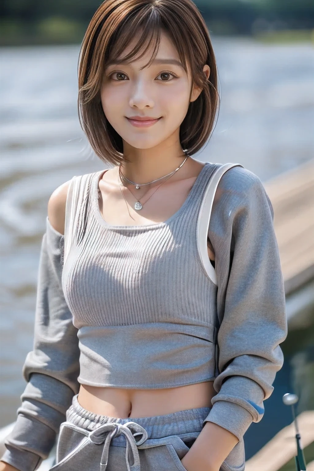 (An 18-year-old woman enjoying fishing with a fishing rod in the river:1.5)、(Gentle smile:1.2)、(The best quality at its best:1.4), (Super detailed), (Very detailed CG unified 16k), Beautiful woman with perfect figure: 1.4, Sharp focus: 1.2, Very detailed, High-quality RAW color photos, Professional photography, Great face and eyes, cosmetics, (Amazingly beautiful girl), ((grey sweatpants、White tank top:1.5)), Sexy posture,(View from below), Realistic movie faces, Full body long view from head to toe, Realistic, ((Realistic natural orange red hairstyle)), ( Short Bob Hair:1.5), (necklace:1.5)、, Very beautiful face, Perfect model beauty, Mouth swelling, Highly detailed face and skin texture, Fine grain, double eyelid, Medium chest, smile, (masterpiece), highest quality, High resolution, Very detailed, Blurred Background, Depth of written boundary, Cinema Lighting, Great legs, , Clear, well-maintained skin,