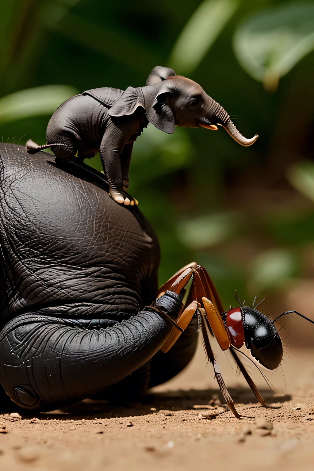 A super small elephant riding on top of a super large ant