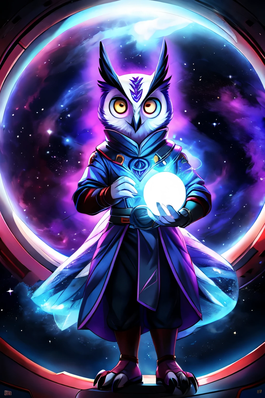 Owl Person, blue and purple, furry, space, magic