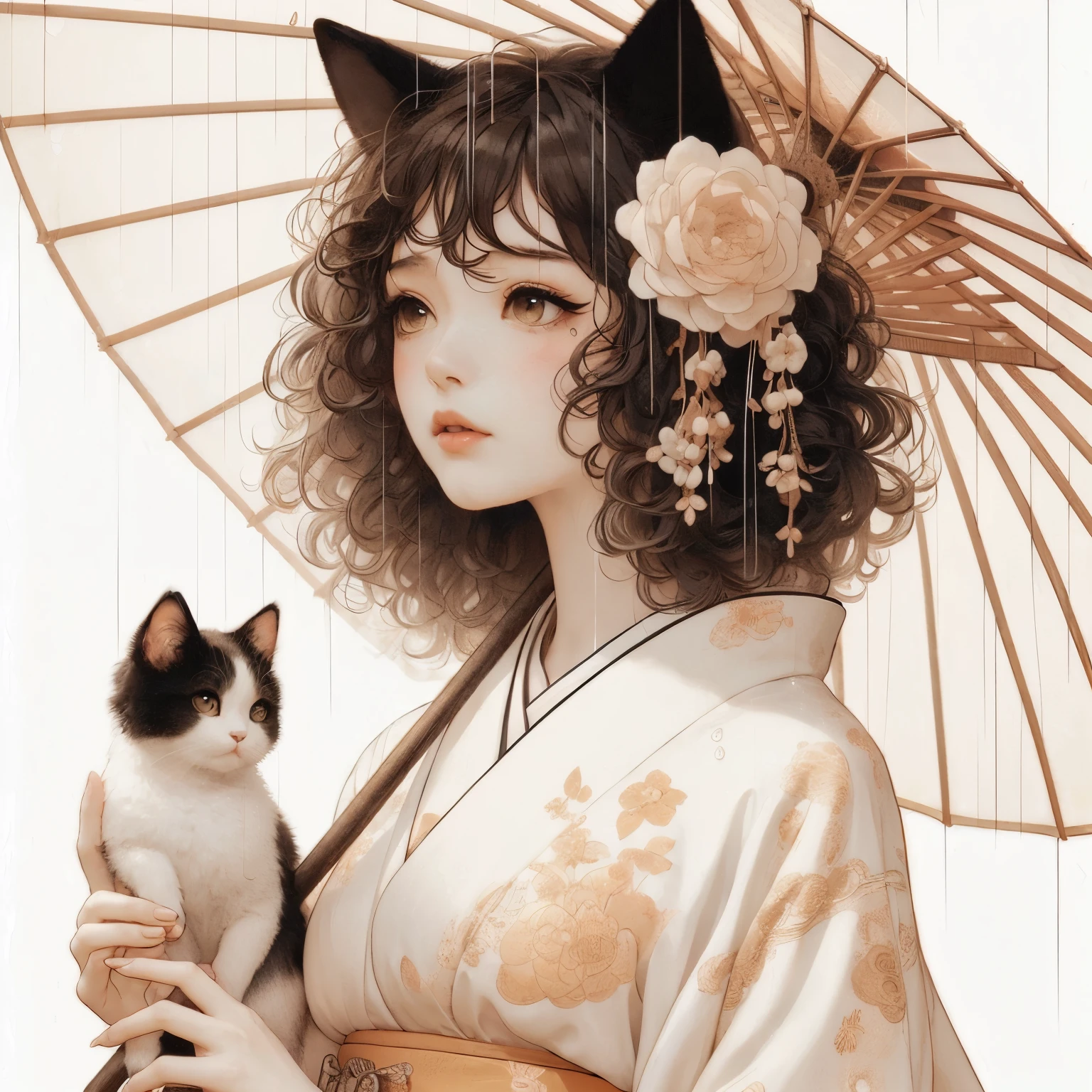 Tall Japanese girl curly hair in all white kimono, with hints of peach, black cat ears, small black and white cat, full body shot, white background, sighing in the rain, 8k resolution, in the style of da Vinci, golden kimono