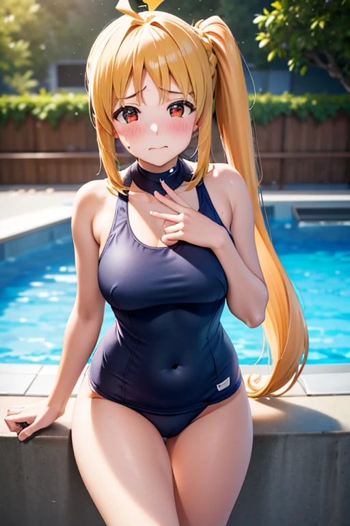 (Tabletop), highest quality, High resolution, 4K, One Girl, alone, blush、Shame face、Nice hands, 1 in, Side Ponytail, Long Hair, Ahoge, Navy school swimsuit、Pool
