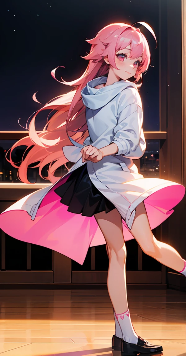 1 girl, Game CG,White hoodie, Black Skirt, Pink Hair, Long Hair, Straight hair, Princess hairstyle, Ahoge, Pink Eyes, indoor,White long knee socks,smile,Night view,((Dancing))