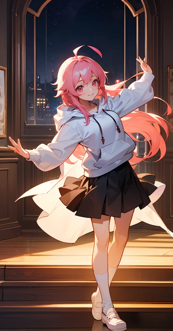 1 girl, Game CG,White hoodie, Black Skirt, Pink Hair, Long Hair, Straight hair, Princess hairstyle, Ahoge, Pink Eyes, indoor,White long knee socks,smile,Night view,((Dancing))