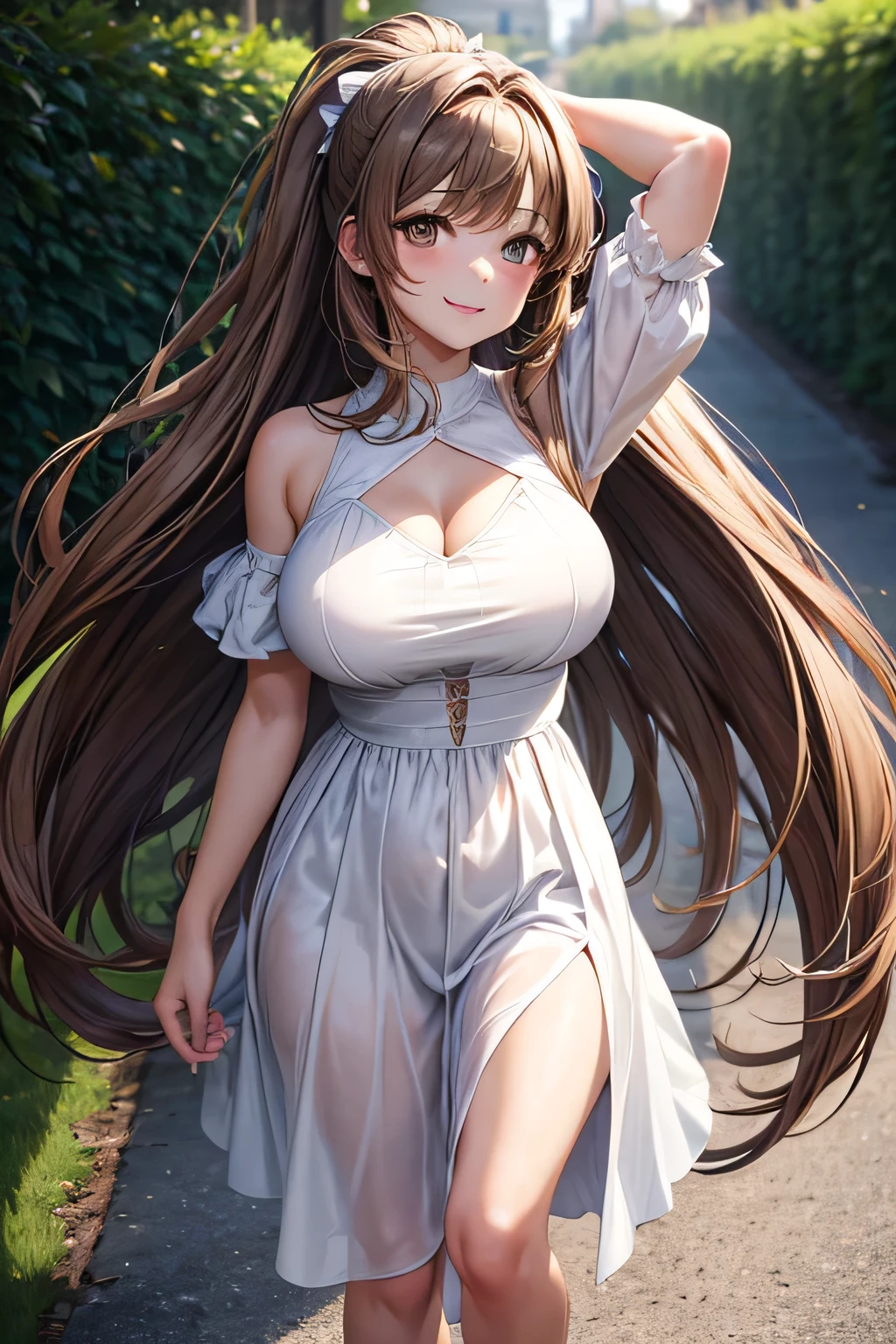 One girl, Long light brown hair, Brown eyes, White dress,Large Breasts , Absurd, High resolution, Super sharp, 8k, masterpiece, View Viewer, whole body , ponytailOne girl, Long light brown hair, Brown eyes, White dress,Large Breasts , Absurd, High resolution, Super sharp, 8k, masterpiece, View Viewer, whole body , ponytail, standing , full body , toe, smile