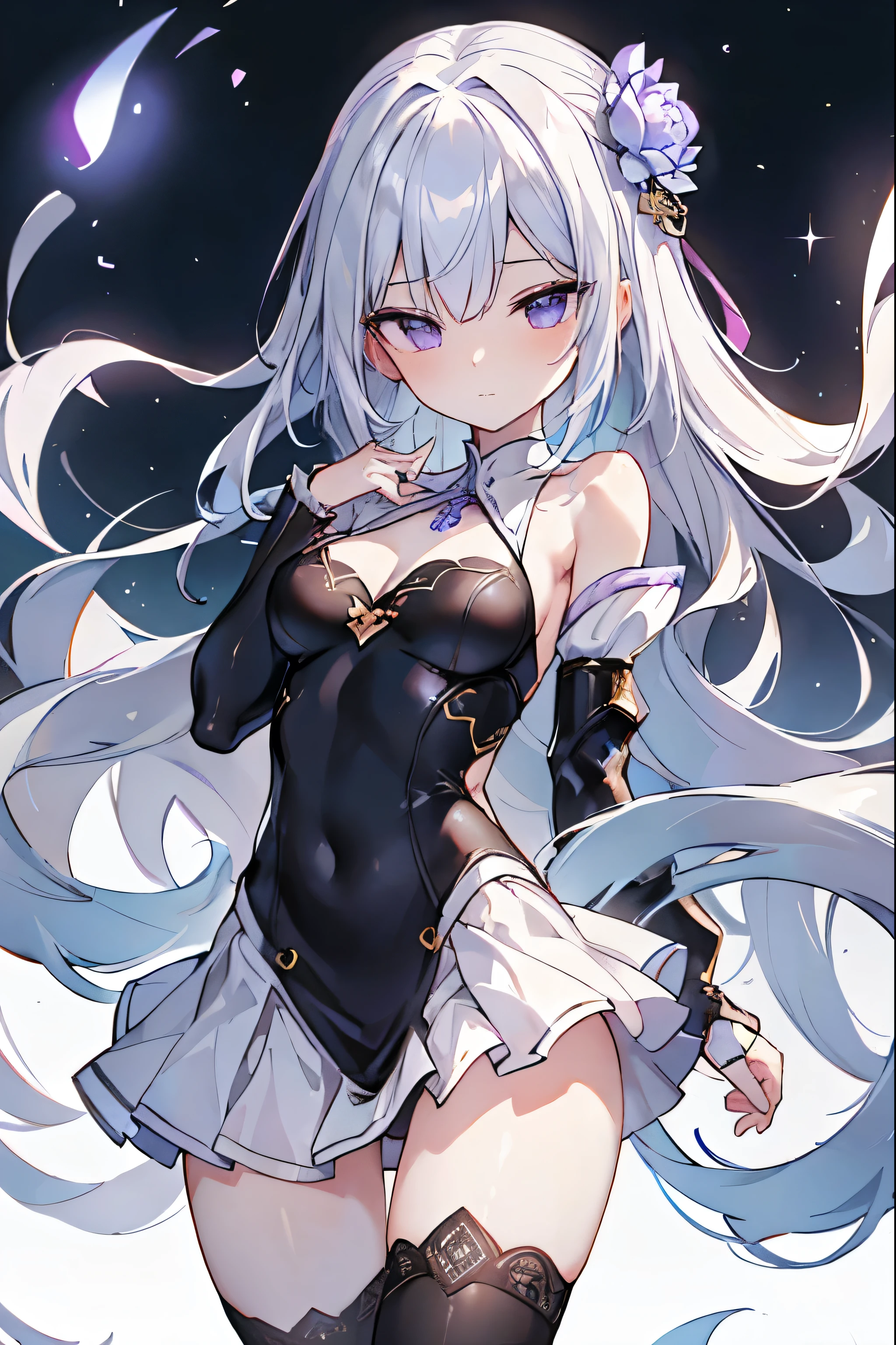 1girl, anime, cute girl, blank background, white background, fantasy, detailed fantasy dress with highlights, beautiful face, beautiful eyes, dark colors, black hair with multicolor streaks, red eye with different color pupil in eye, multicolor eye, medium breasts, slight cleavage, beautiful skin, cute, breast curtains, extremely delicate and beautiful, (beautiful detailed face:1.0), (detailed deep eyes), symmetrical breasts, deep eyes, shiny skin, portrait, slender waist, hips wider than shoulders, thighs, expressionless, young girl, luminous eyes, adorable,(Kpop idol),(aegyo sal:1),(Platinum blonde hair:1),((puffy eye)),Black panty,sexy posture,Superskirt, Ultra-high resolution,Black collar,slim figure, Abdominal y tattoo, womb tattoo,Tight-fitting leg ring,y tattoo on half-body,Bare skin, Armored hand,Hidden fingertips,Hand covered,Arm covered,Fist covered,{{beautiful detailed fingers}}, tufts of hair, moderate beautiful breast:1.0,(masterpiece:1.2), best quality, high-res, HDR, perfect face, intricate armor, delicate blue filigree, intricate filigree, red metalic parts, detailed part, dynamic pose, dynamic lights, cute face, neutral expression, shuimobysim, lotus, hanfu, maxi skirt, dress conservatively 1girl, solo, long blue hair, standing, One lady,14years,((White hair) ,(Shiny purple bodysuit with microskirt),((Fantasy, Moon Night)), gradient_eyes,
