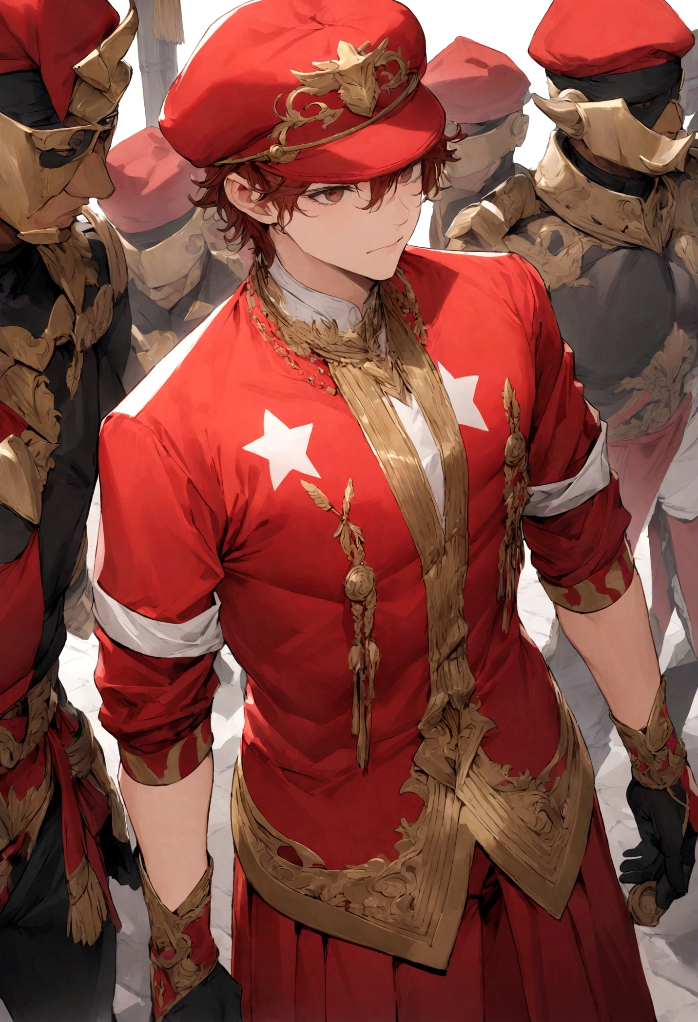 homem com roupa vermelha , red cap with a white star printed on it