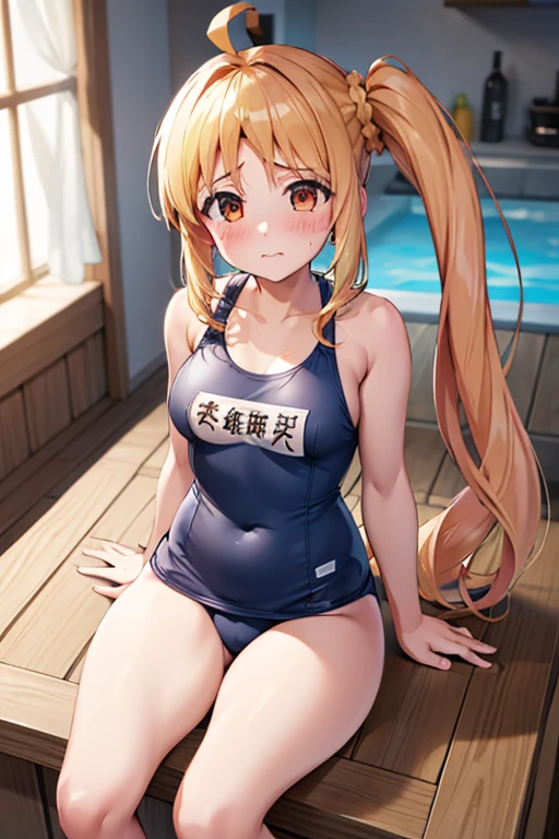 (Tabletop), highest quality, High resolution, 4K, One Girl, alone, blush、Shame face、Nice hands, 1 in, Side Ponytail, Long Hair, Ahoge, Navy school swimsuit、Pool