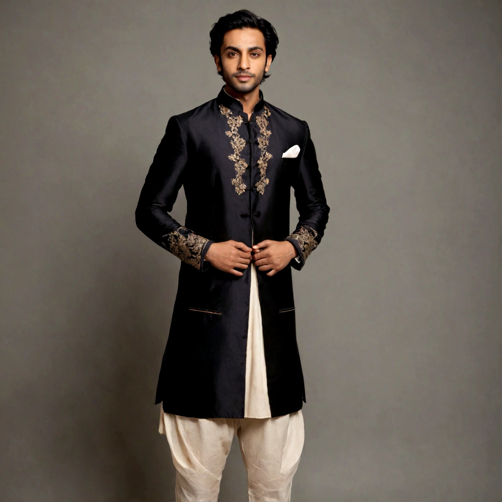 Create a full-body image of Faiz the Eco-Magician standing against a grey backdrop. Faiz is an environmentally-conscious magician deeply rooted in Lahore's rich environmental and historical heritage. They have a warm, medium-brown skin tone that reflects their South Asian heritage. Their face is round with a friendly and inviting expression, large almond-shaped brown eyes that sparkle with curiosity and kindness, and gently arched eyebrows. Faiz's hair is black, medium length, and styled in soft waves, with a few strands playfully falling across their forehead. They stand at approximately 5 feet 8 inches tall, with a slightly plump physique, embodying a healthy and approachable presence. Faiz is dressed in traditional Pakistani attire with a modern twist, suitable for performing close-up magic with a floral theme. They wear a tailored kurta with intricate floral embroidery, paired with churidar pants, and a stylish waistcoat. In one hand, Faiz holds small paper flowers, ready to perform a magical trick. The overall look should reflect the quirky theatricality of Rob Zabrecky, the inventive sleight of hand of Héctor Mancha, and the elegance and precision of Juliana Chen, all while staying true to Pakistani tradition and their philosophy of environmental advocacy.
