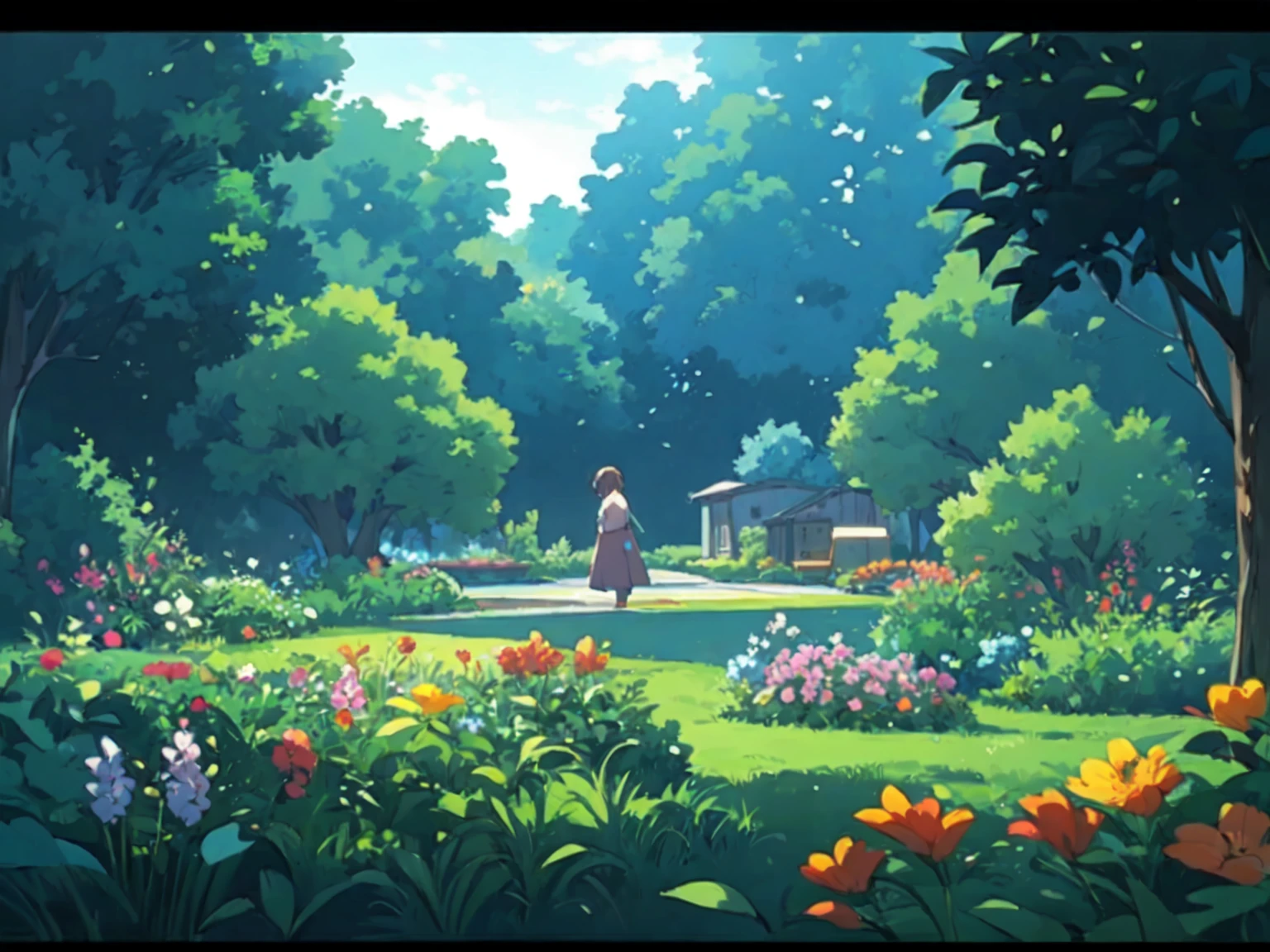 flower garden ,8k artistic photography, perfect composition, trending pixiv fanbox, style of makoto shinkai and studio ghibli, ultra hd, realistic anime, vivid colors, highly detailed, UHD drawing, beautiful detail, photorealistic concept art, soft natural volumetric cinematic perfect light
