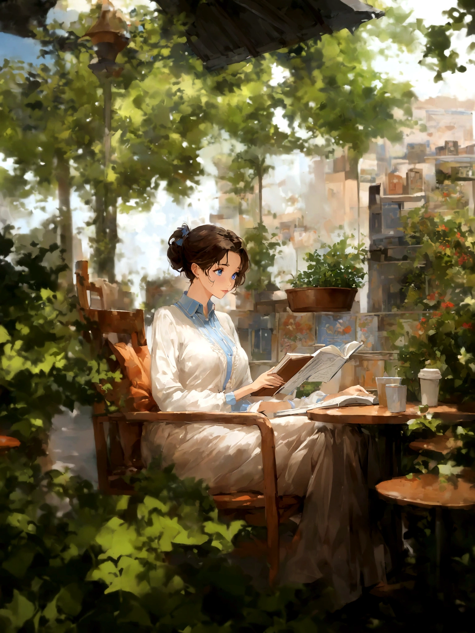 (Daisaku),(Need),(Super meticulous),(full bodyesbian:1.2), 1girl, anime girl sitting in a chair reading a book in a garden, artwork in the style of guweiz, sitting in a cafe alone, mysterious coffee shop girl, sitting alone in a cafe, sitting in a cafe, cozy cafe background, painted in anime painter studio, relaxing concept art, makoto shinkai art style, by Yang J, makoto shinkai style, ,(Beautiful and delicate eyes),