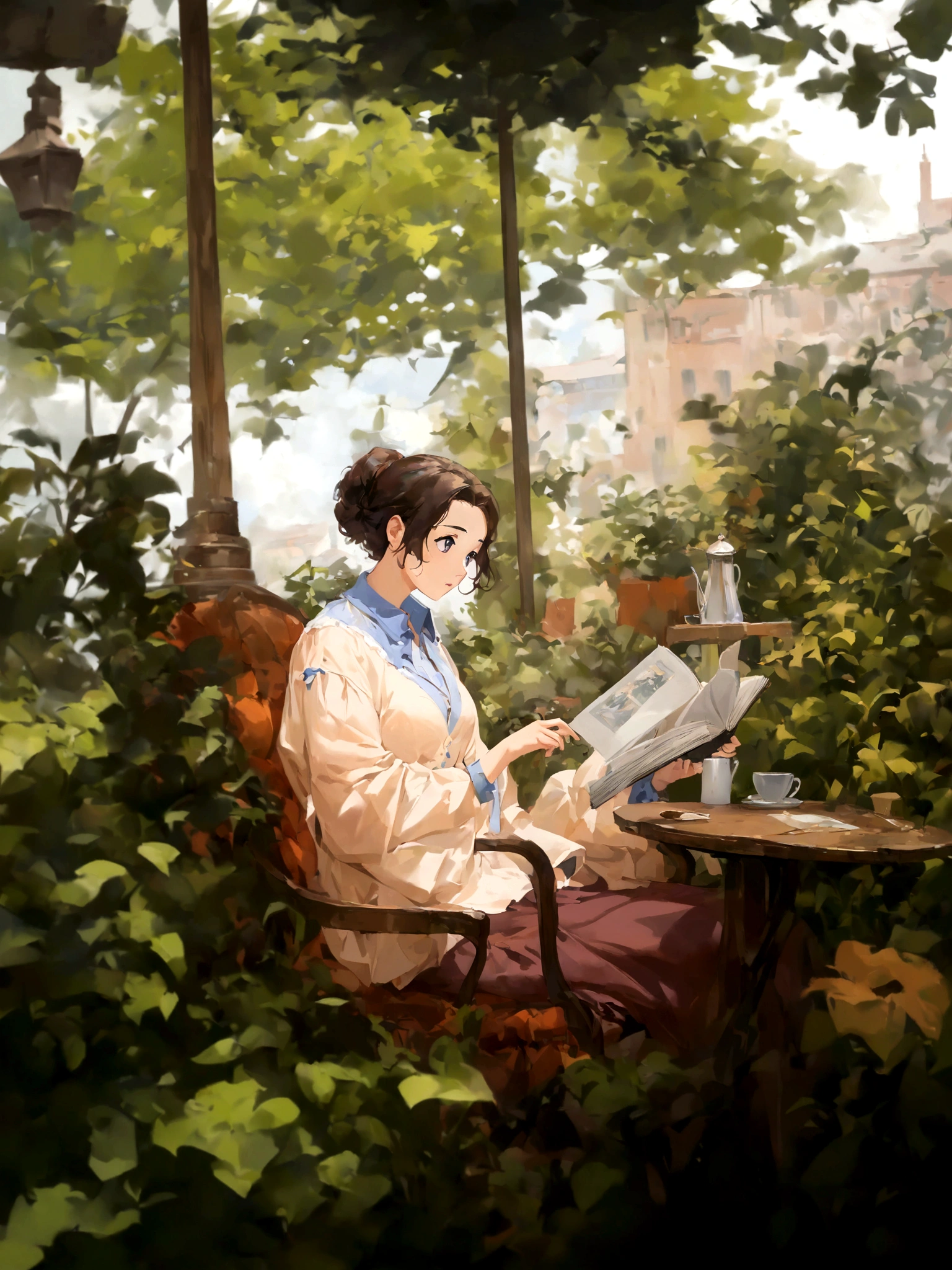 (Daisaku),(Need),(Super meticulous),(full bodyesbian:1.2), 1girl, anime girl sitting in a chair reading a book in a garden, artwork in the style of guweiz, sitting in a cafe alone, mysterious coffee shop girl, sitting alone in a cafe, sitting in a cafe, cozy cafe background, painted in anime painter studio, relaxing concept art, makoto shinkai art style, by Yang J, makoto shinkai style, ,(Beautiful and delicate eyes),