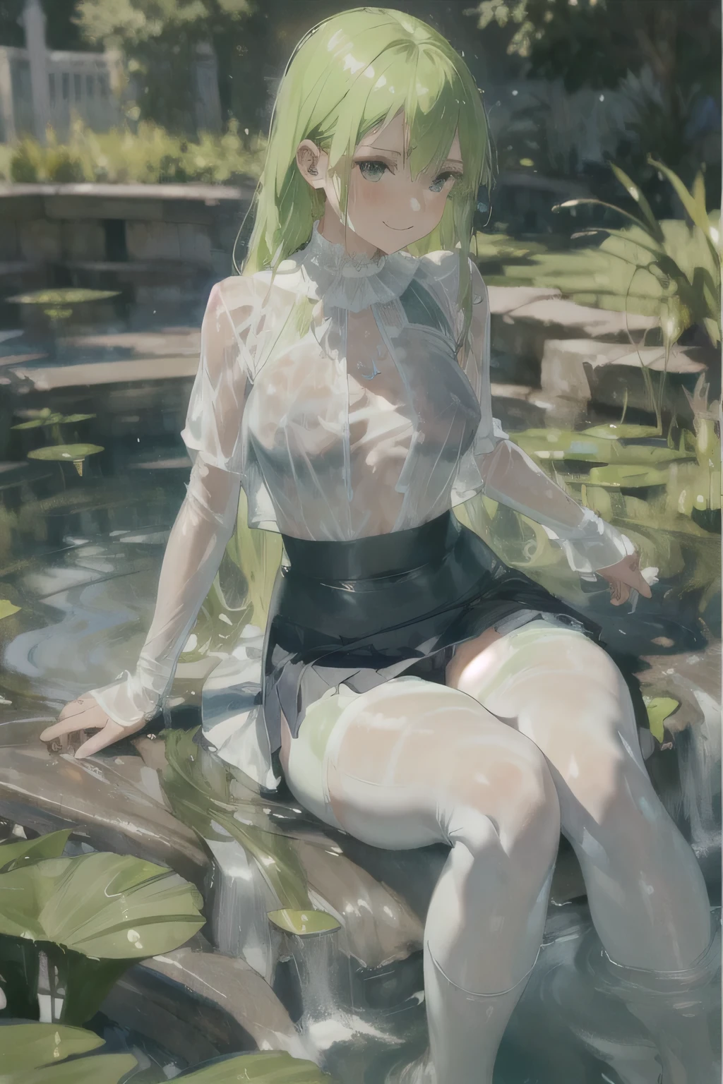 Slime Skin,luminous translucency,female,Round Face,Solitary,Sit down and rest,Relax,elegant,whole body,(((Exposing thighs))),full,Transparent openwork,Deep V,((Short skirt)),stocking,leggings,Disheveled,(((Wet clothing))),(((Ultra-thin clothing))),Grinning,(Monet)