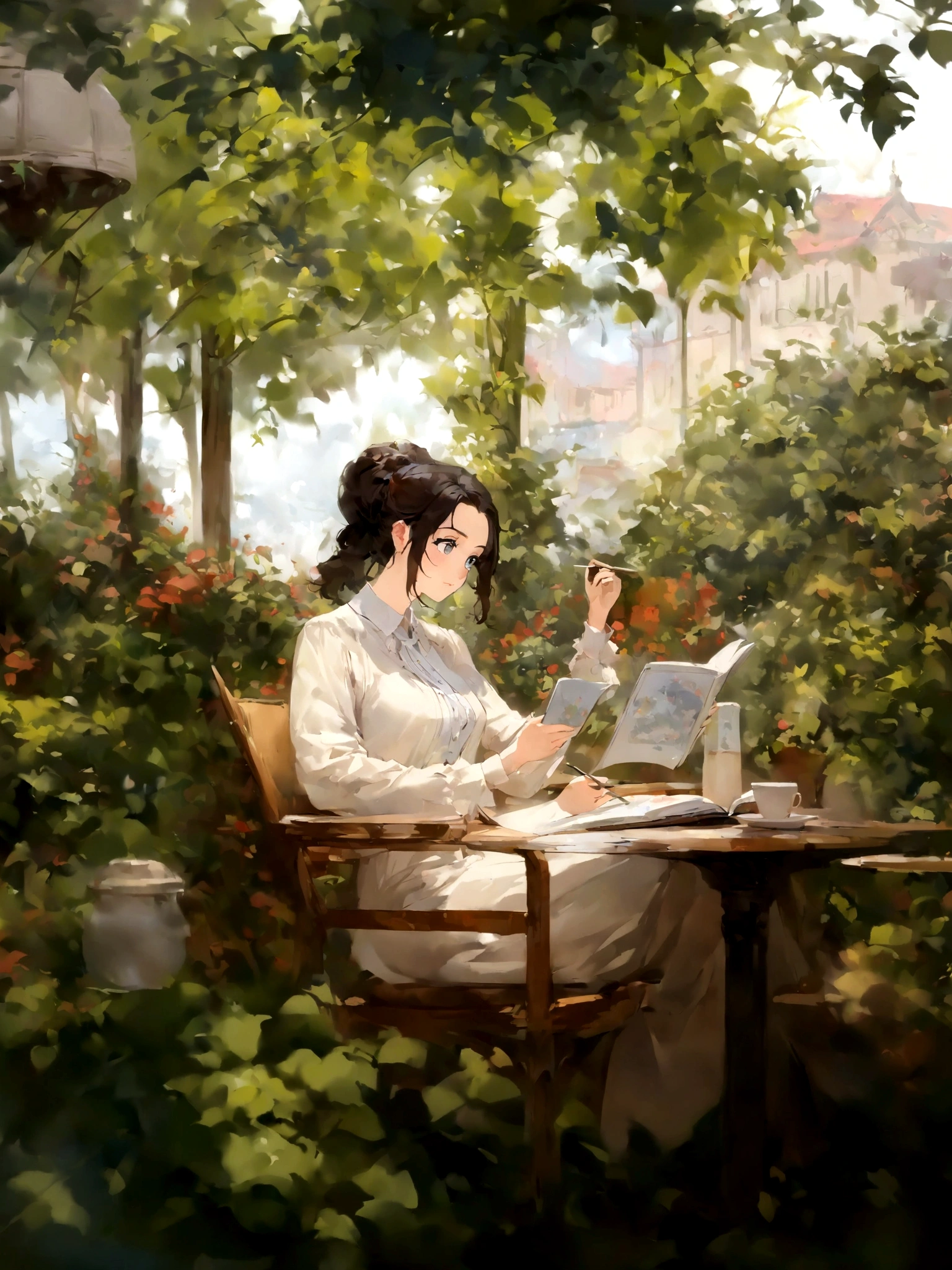 (Daisaku),(Need),(Super meticulous),(full bodyesbian:1.2), 1girl, anime girl sitting in a chair reading a book in a garden, artwork in the style of guweiz, sitting in a cafe alone, mysterious coffee shop girl, sitting alone in a cafe, sitting in a cafe, cozy cafe background, painted in anime painter studio, relaxing concept art, makoto shinkai art style, by Yang J, makoto shinkai style, ,(Beautiful and delicate eyes),