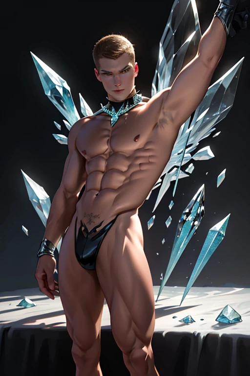 (photorealistic, masterpiece, best quality, highres, highly detailed), a young and handsome man posing nude surrounded by crystal, personification of crystal as a man, 18-year-old man, vibrant colors, realistic lighting, sparkling reflections, radiant and transparent skin, chiseled physique, intense gaze, striking features, well-defined jawline, tousled hair, confident and relaxed posture, artistic composition, elegant and graceful pose, captivating and alluring expression, the man's body covered with delicate and intricate crystals, creating a mesmerizing and ethereal effect, immaculate attention to detail, flawless rendering of textures, harmonious blend of realism and fantasy, incredible depth and dimension, attention-grabbing contrast between the smoothness of the man's skin and the texture of the crystals, seamless integration of the human form with the crystal surroundings, evoking a sense of grace, beauty, and mystery, powerful symbolism of purity and strength embodied by the crystal elements, expert use of shadows and highlights to enhance the three-dimensional quality of the image, masterful use of color to create a dreamlike atmosphere, refined and subtle nuances of light and shade, creating a visually stunning and emotionally impactful scene, exquisite craftsmanship and skillful execution, capturing the essence of both the human form and the ethereal beauty of crystals, creating an unforgettable and awe-inspiring visual experience.
